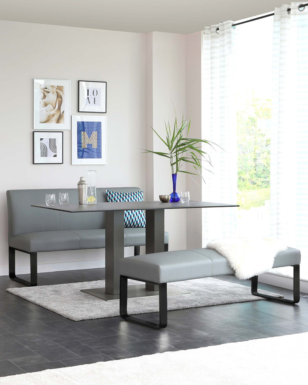 Loop 3 Seater Mid Grey & Black Leg Dining Bench With Backrest