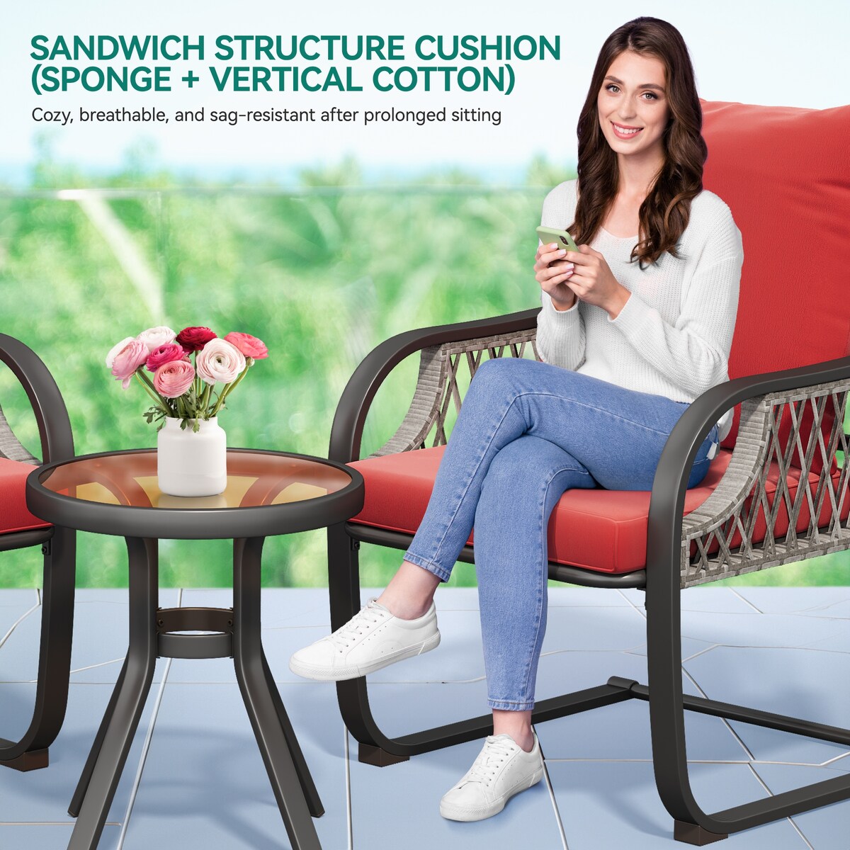 Moasis Red 3 PCs Patio Bistro Set Outdoor Furniture with Cushioned Seats - 3 Pcs