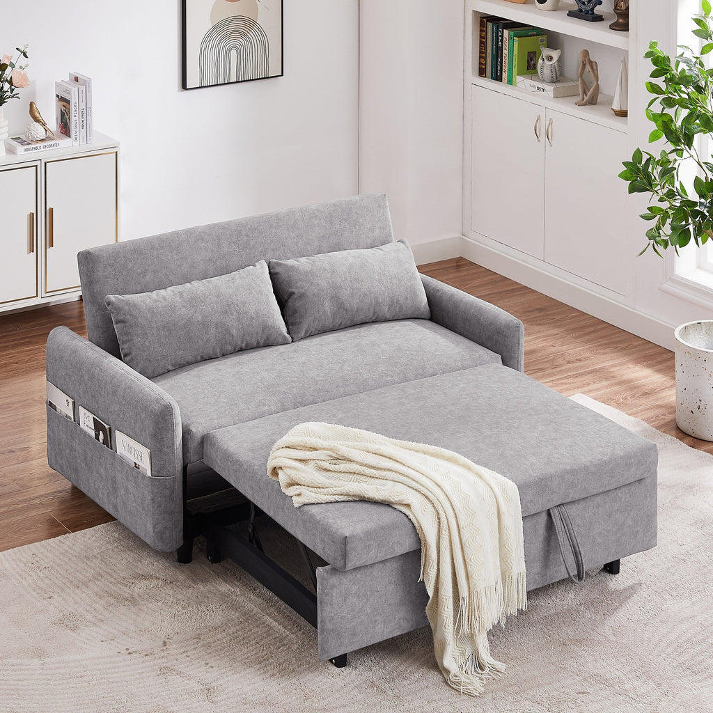 Modern 2 Seat Couch, Microfiber Pull Out Sleep Sofa Bed wih Adjsutable Backrest, Storage Pockets, 2 Soft Pillows, USB Ports