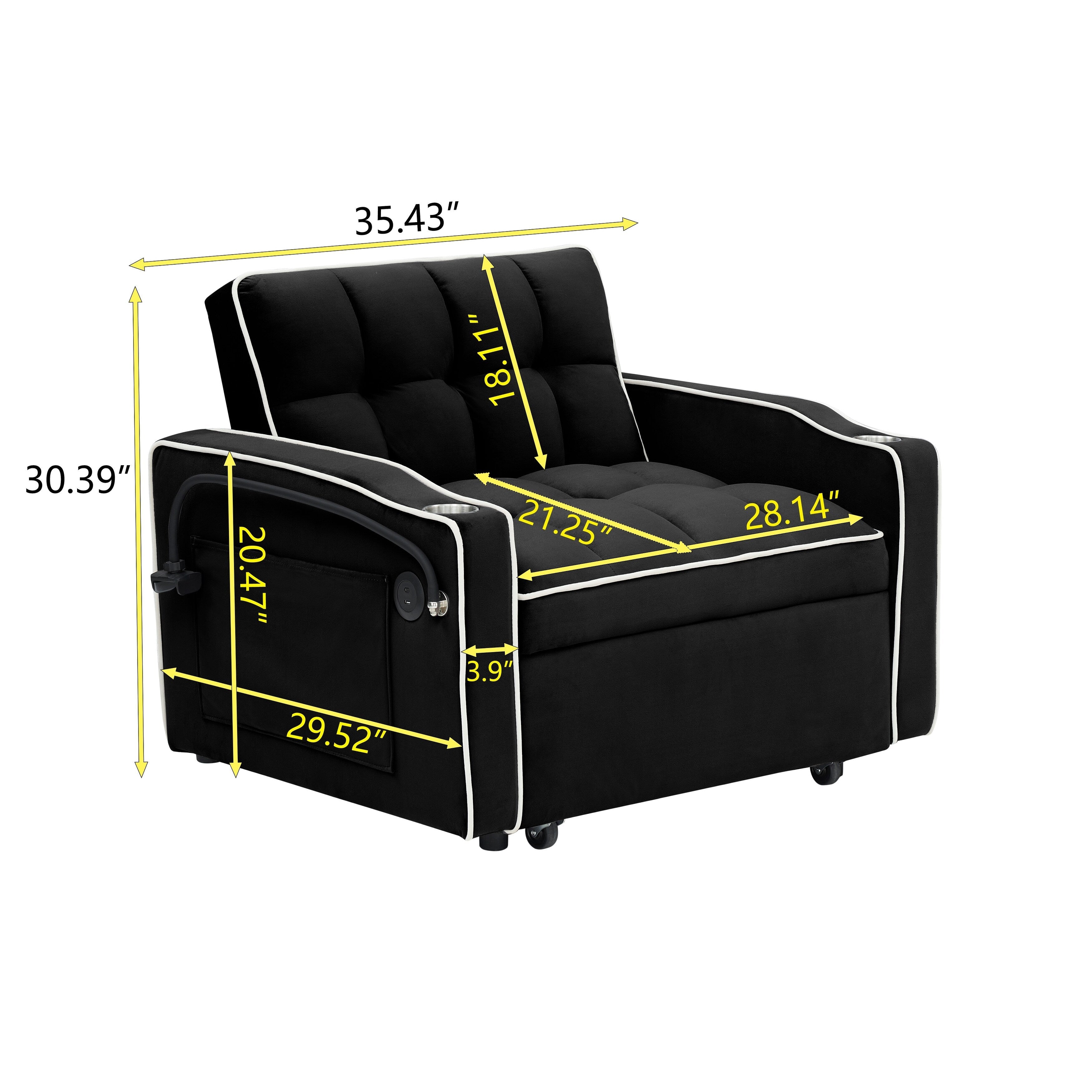 Modern 70.86 3 in 1 Single Convertible Sofa Bed with Adjustable Back and USB Charging Port for Living Room