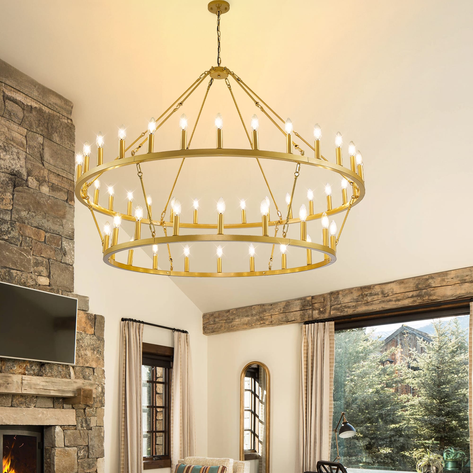 Modern Farmhouse Chandelier 2 Tier Round Wagon Wheel Chandelier Large High Ceiling Light.