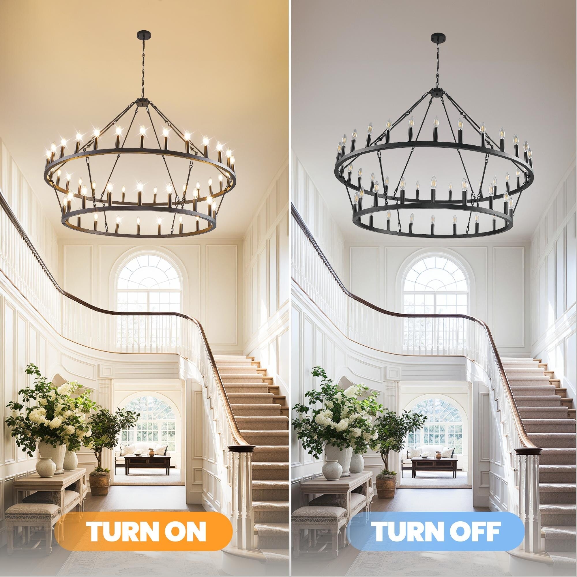 Modern Farmhouse Chandelier 2 Tier Round Wagon Wheel Chandelier Large High Ceiling Light.