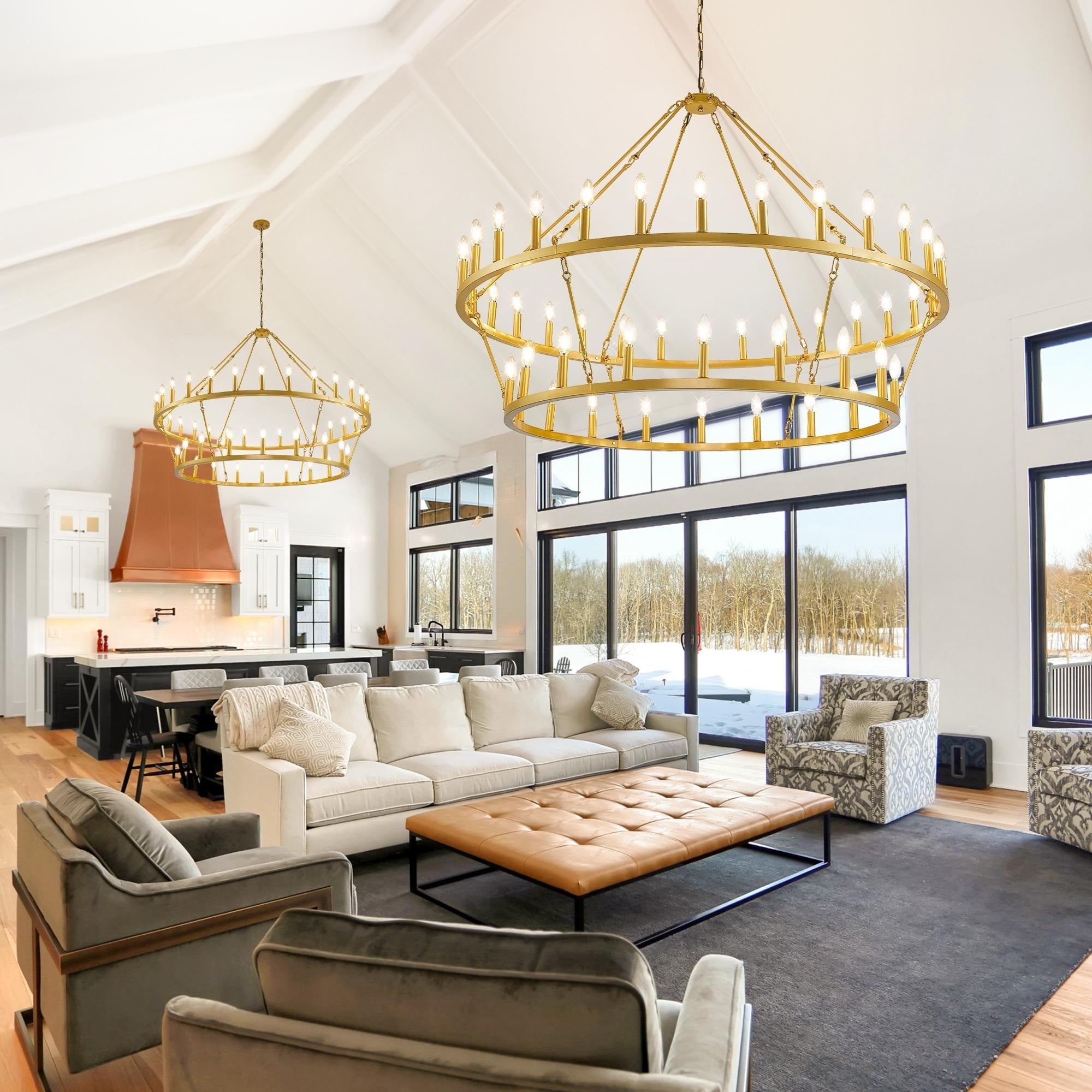 Modern Farmhouse Chandelier 2 Tier Round Wagon Wheel Chandelier Large High Ceiling Light.