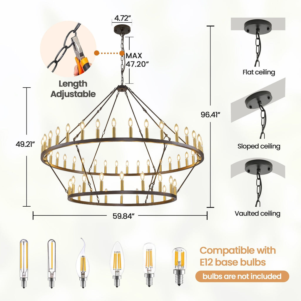 Modern Farmhouse Chandelier 2 Tier Round Wagon Wheel Chandelier Large High Ceiling Light.