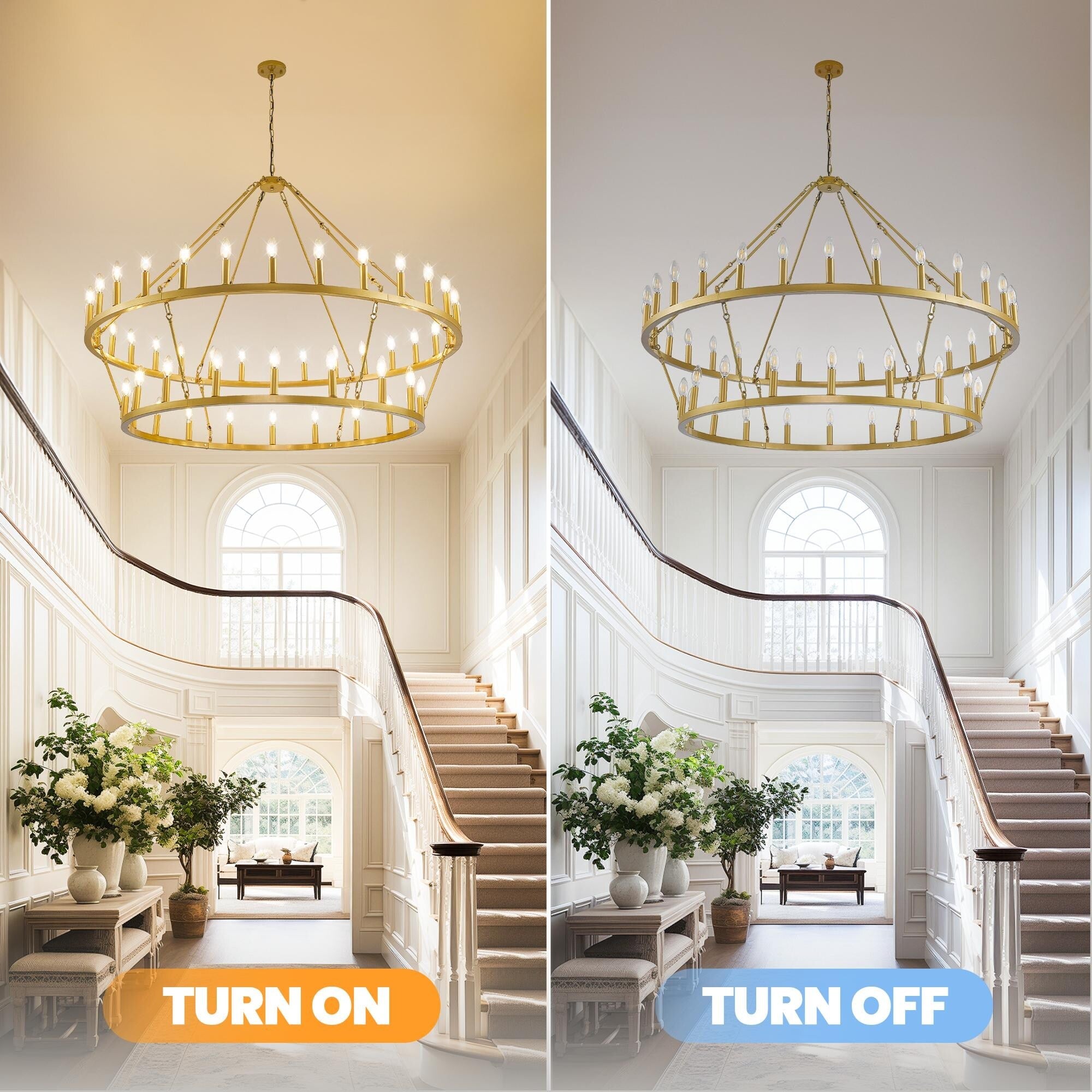 Modern Farmhouse Chandelier 2 Tier Round Wagon Wheel Chandelier Large High Ceiling Light.