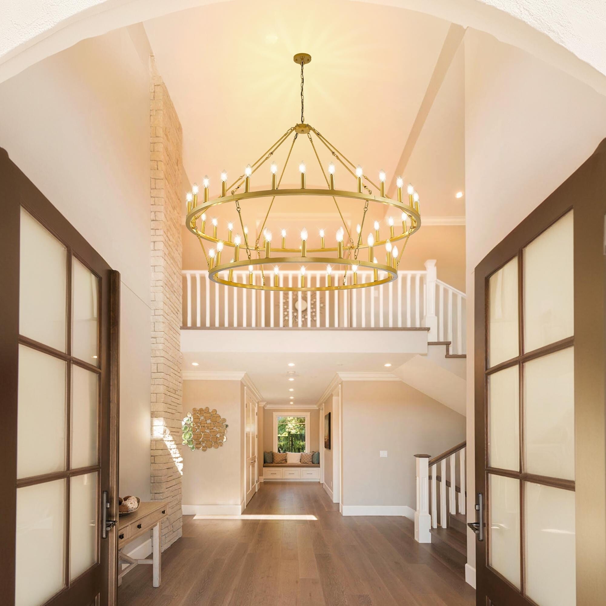 Modern Farmhouse Chandelier 2 Tier Round Wagon Wheel Chandelier Large High Ceiling Light.