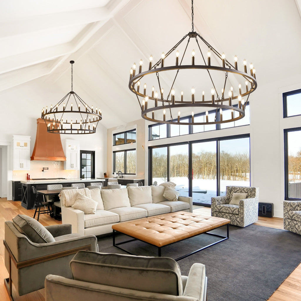 Modern Farmhouse Chandelier 2 Tier Round Wagon Wheel Chandelier Large High Ceiling Light.