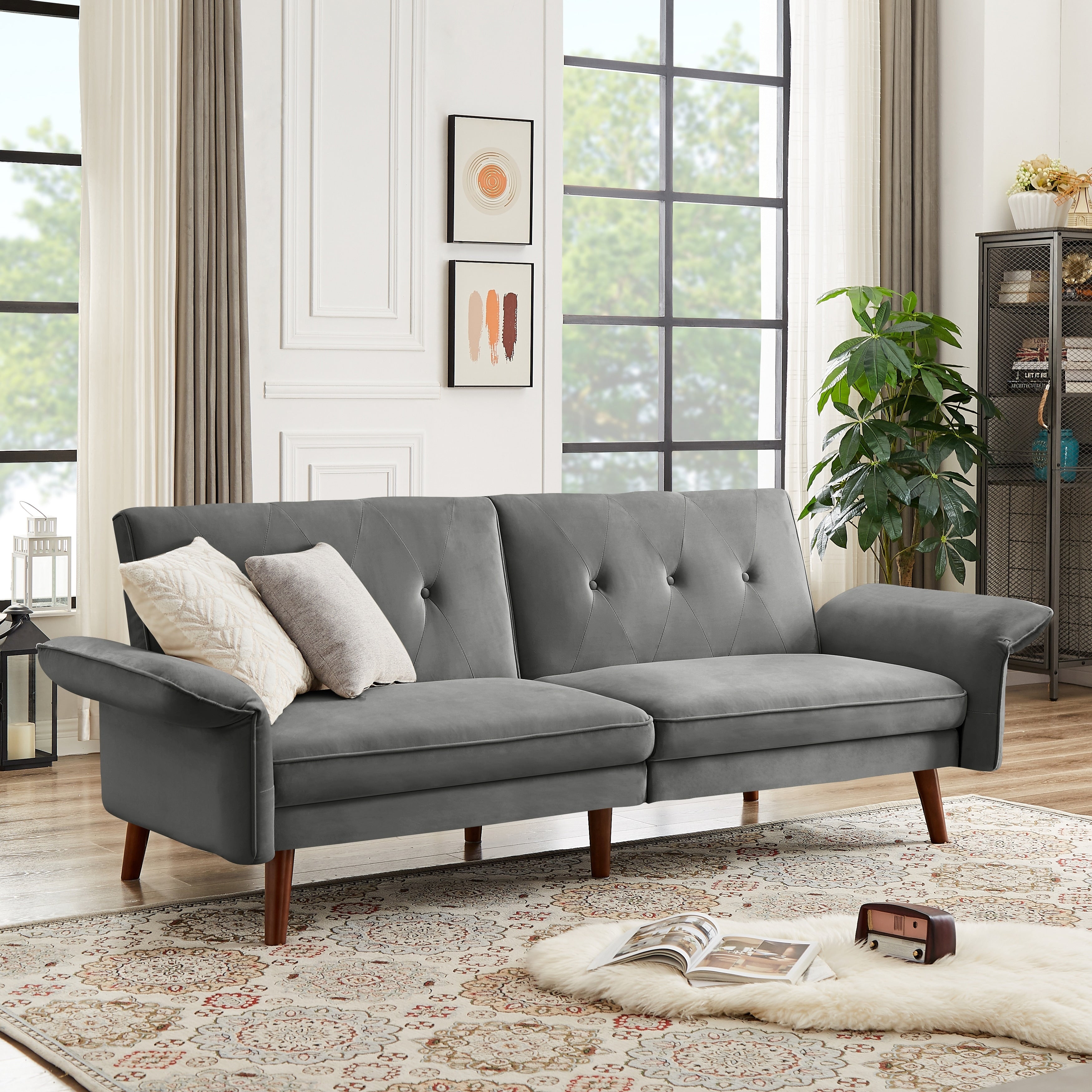 Modern Futon Sofa Bed, Convertible Sleeper Sofa with Tapered Wood Legs, 78.35 W, Small Split Back Sofa for Living Room