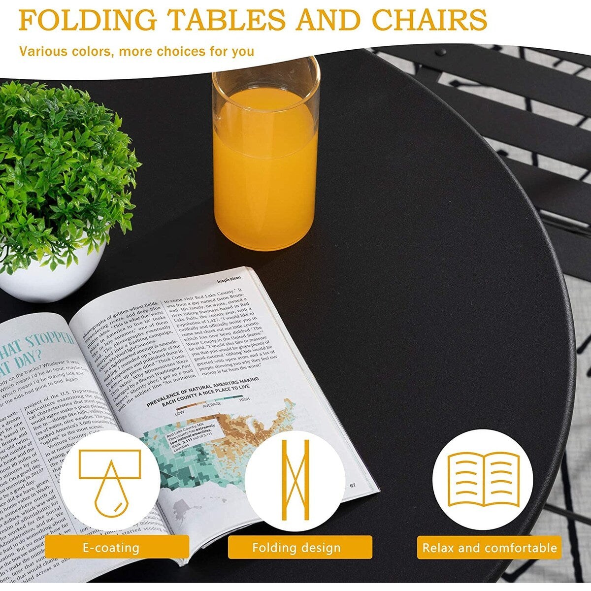 3pc Metal Folding Bistro Set, Weather-Resistant Outdoor/Indoor Conversation Set for Patio, Yard, Garden