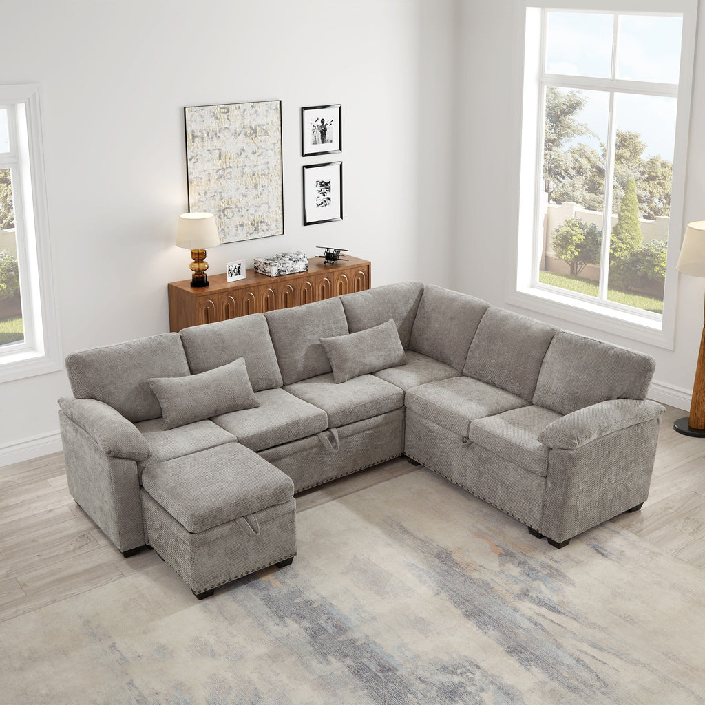 Modern L-Shaped Chenille Sectional Sofa with Pull-Out Sleeper, Storage Seats, Ottoman and 2 Pillows for Living Room