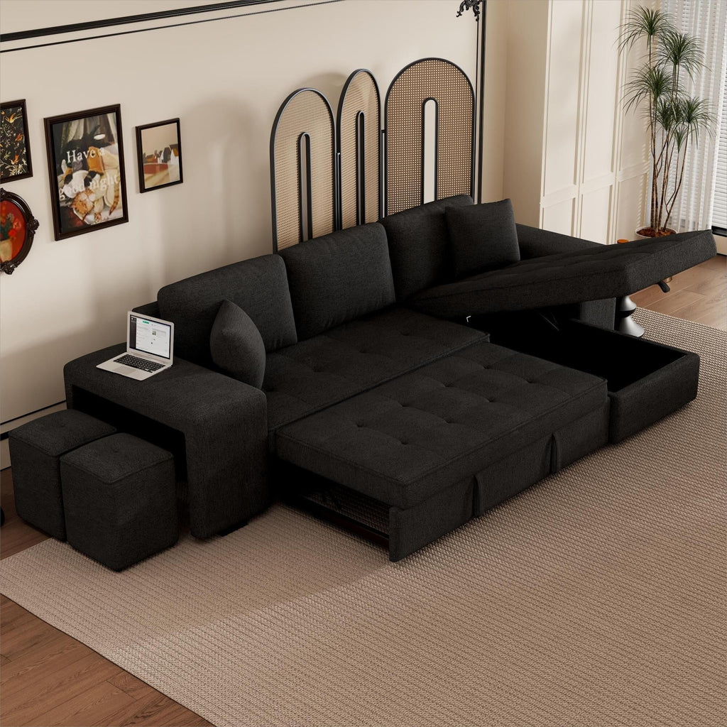 Modern L-Shaped Pull-Out Sectional Sofa Bed with Reversible Chaise, Storage and 2 Stools for Living Room Apartment