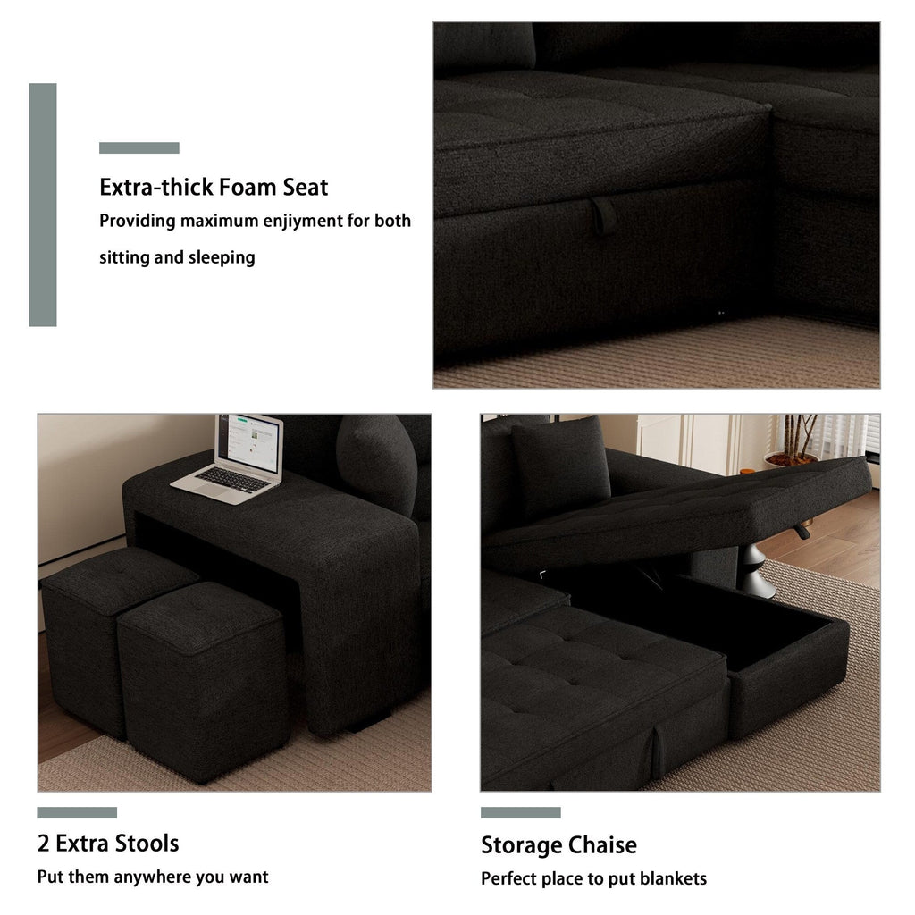 Modern L-Shaped Pull-Out Sectional Sofa Bed with Reversible Chaise, Storage and 2 Stools for Living Room Apartment