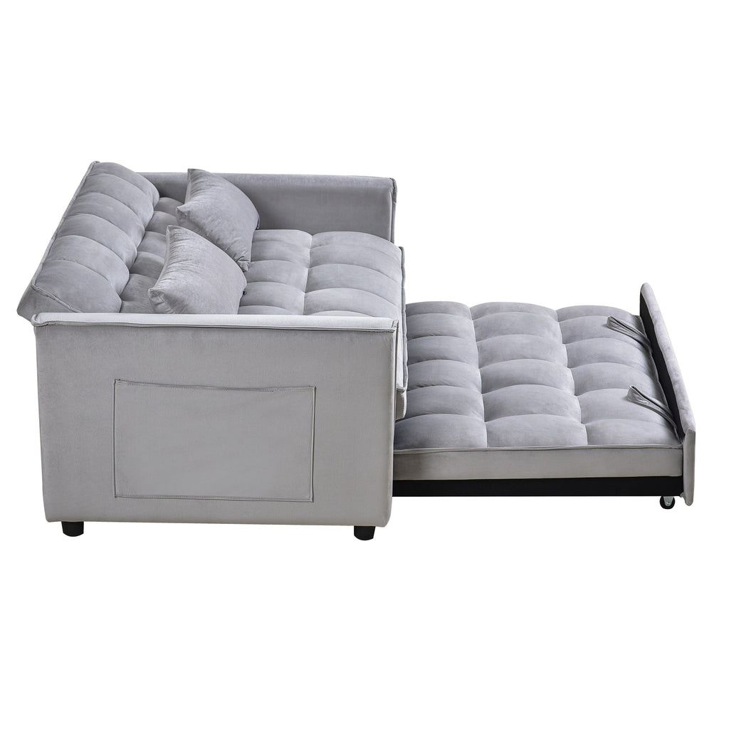 Modern Pull-Out Couch Bed, 3-in-1 Sleeper Sofa with Adjustable Backrest, Velvet Loveseat, Pillows & Side Pockets