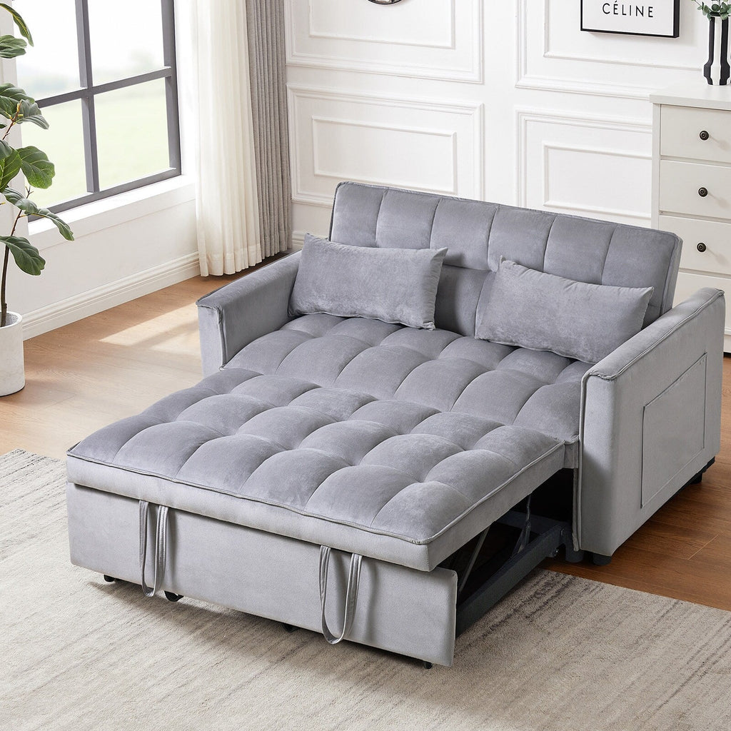 Modern Pull-Out Couch Bed, 3-in-1 Sleeper Sofa with Adjustable Backrest, Velvet Loveseat, Pillows & Side Pockets
