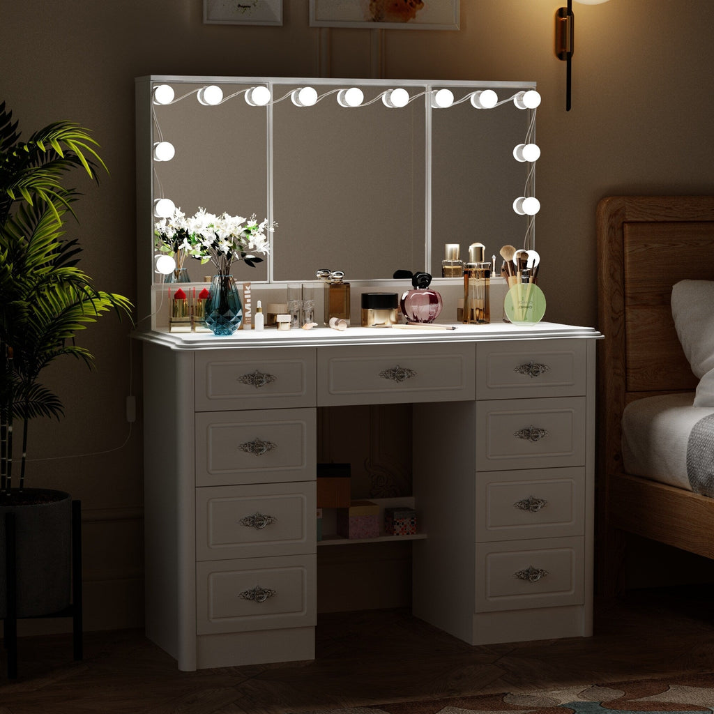 Modern White Makeup Vanity Fold Mirror Adjustable Lighting Dressing - 40.2x54.1