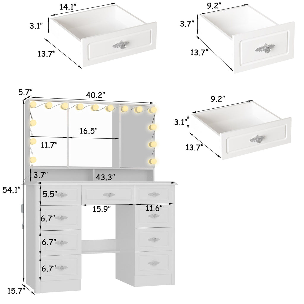 Modern White Makeup Vanity Fold Mirror Adjustable Lighting Dressing - 40.2x54.1