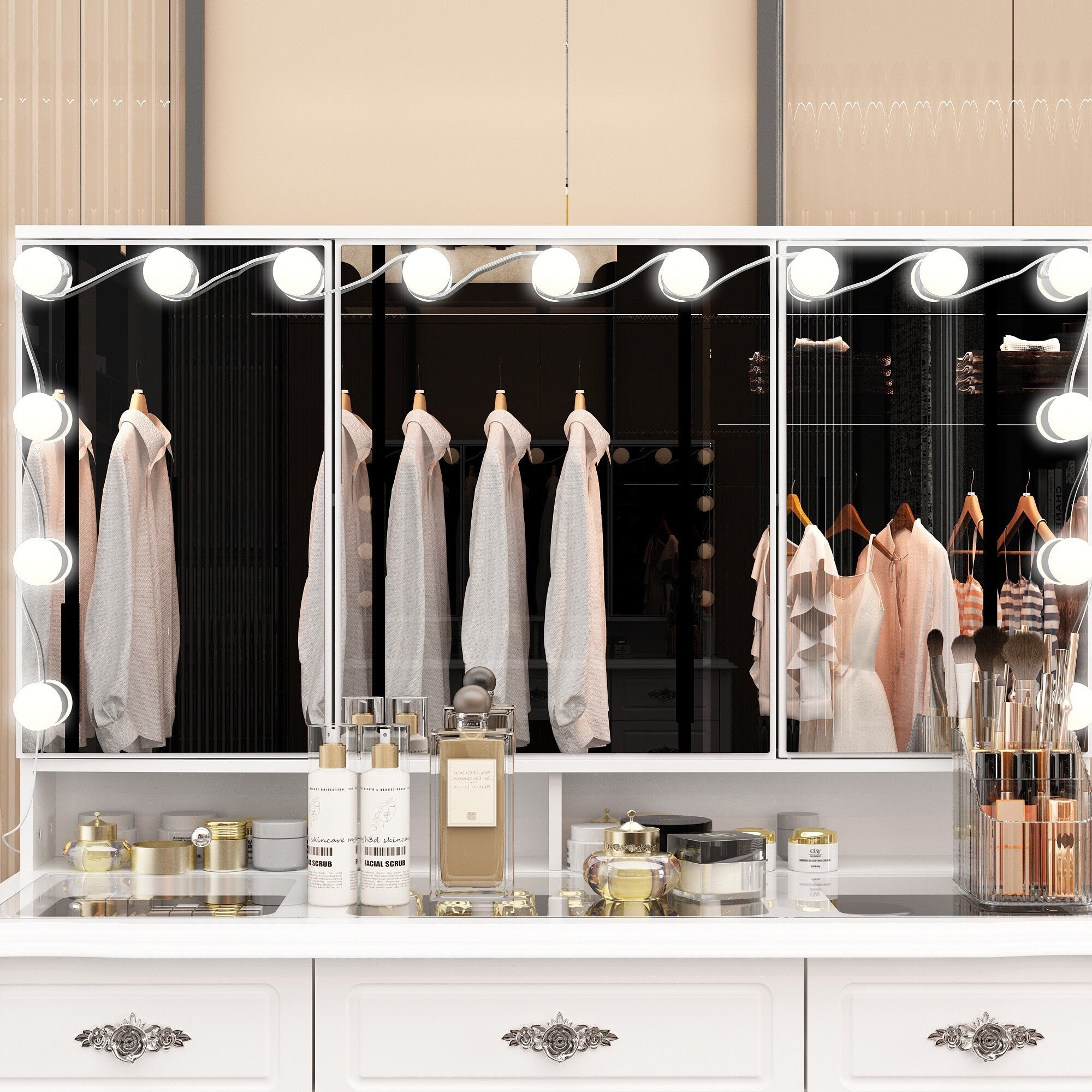 Modern White Makeup Vanity Fold Mirror Adjustable Lighting Dressing - 40.2x54.1