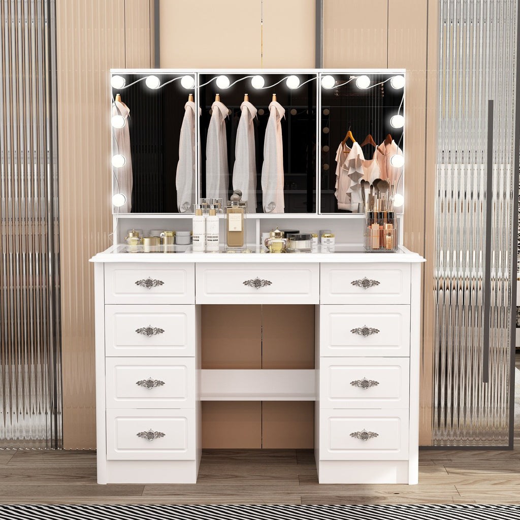 Modern White Makeup Vanity Fold Mirror Adjustable Lighting Dressing - 40.2x54.1