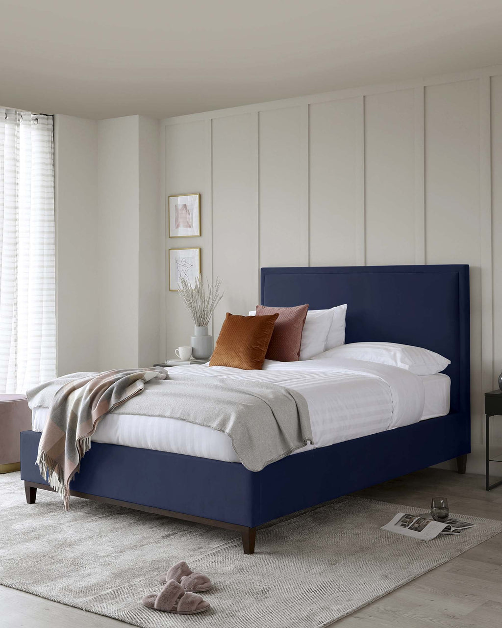 Monica Navy Velvet Double Bed With Storage