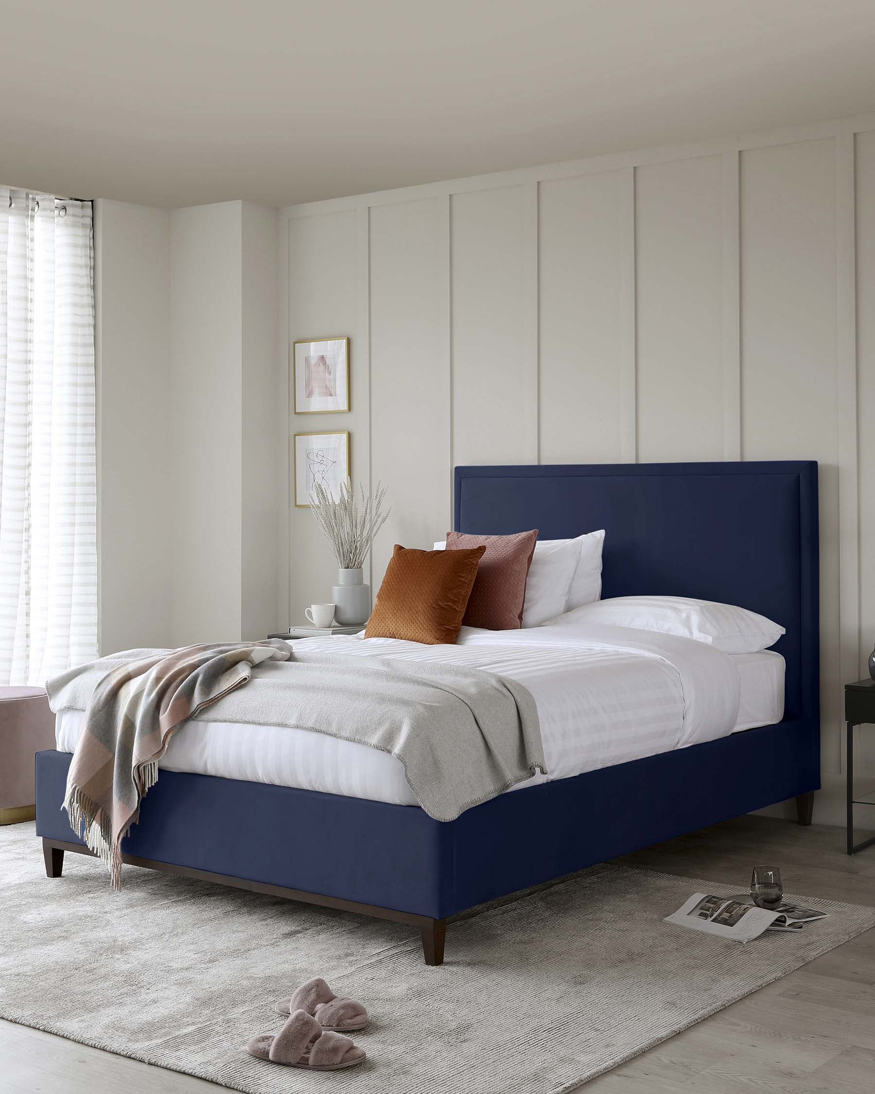 Monica Navy Velvet Double Bed With Storage