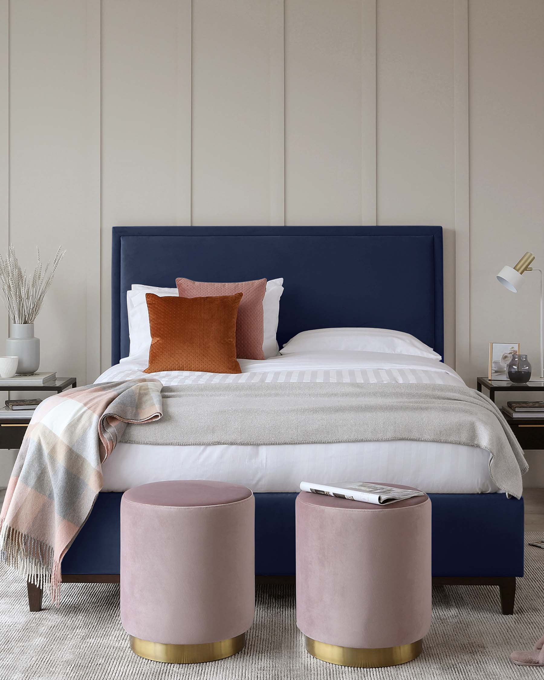 Monica Navy Velvet Double Bed With Storage