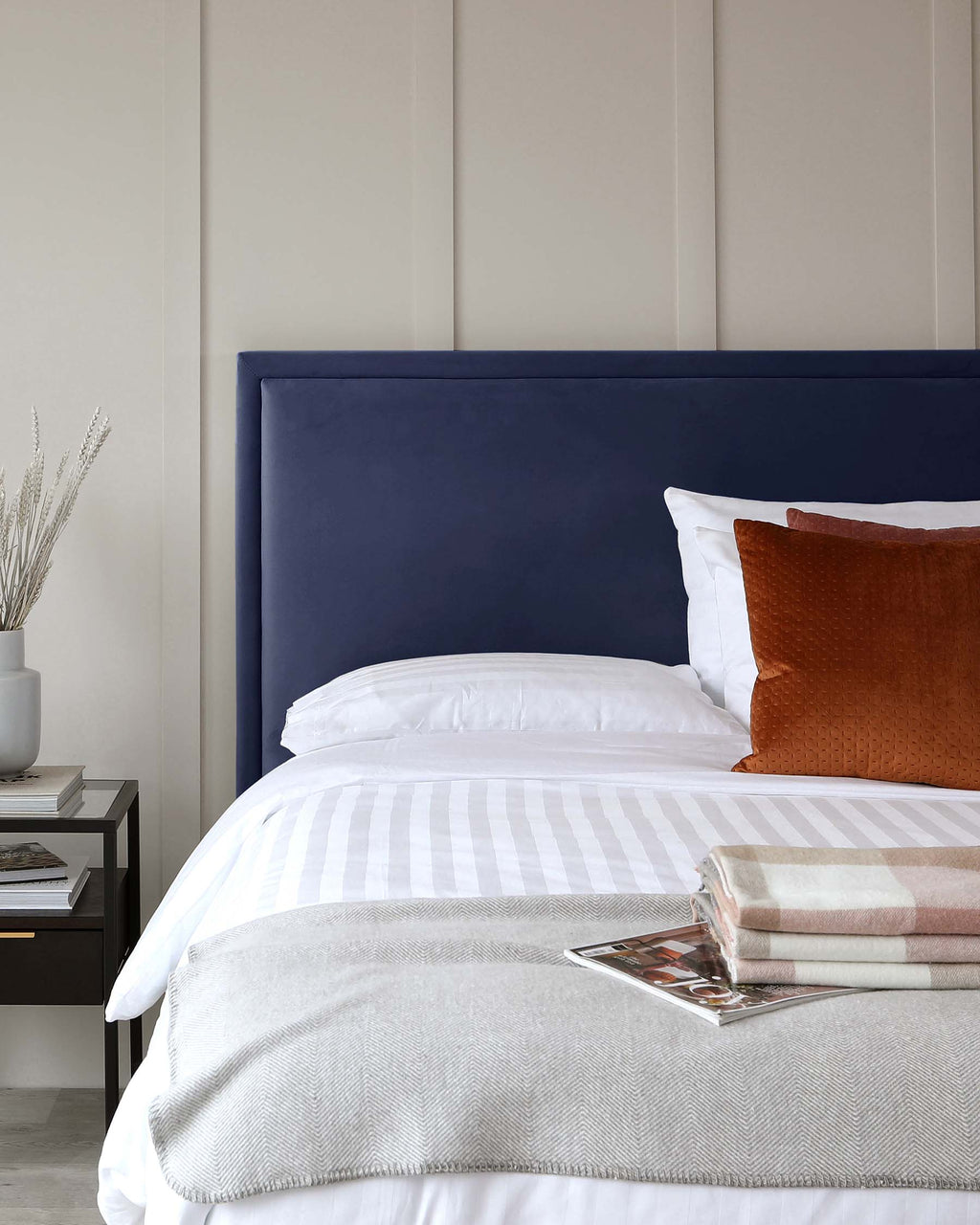 Monica Navy Velvet Double Bed With Storage