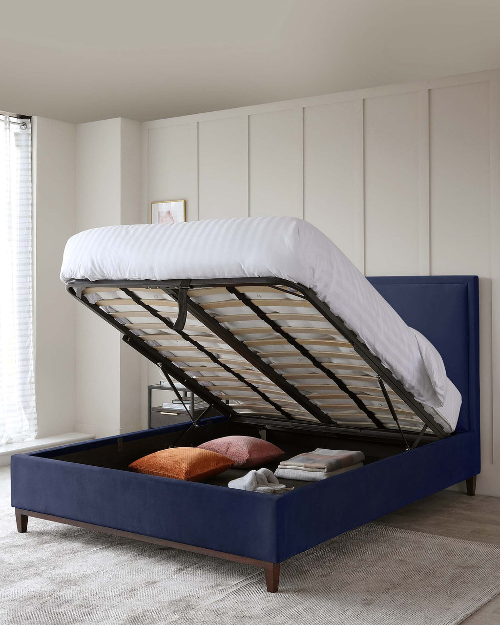 Monica Navy Velvet Double Bed With Storage