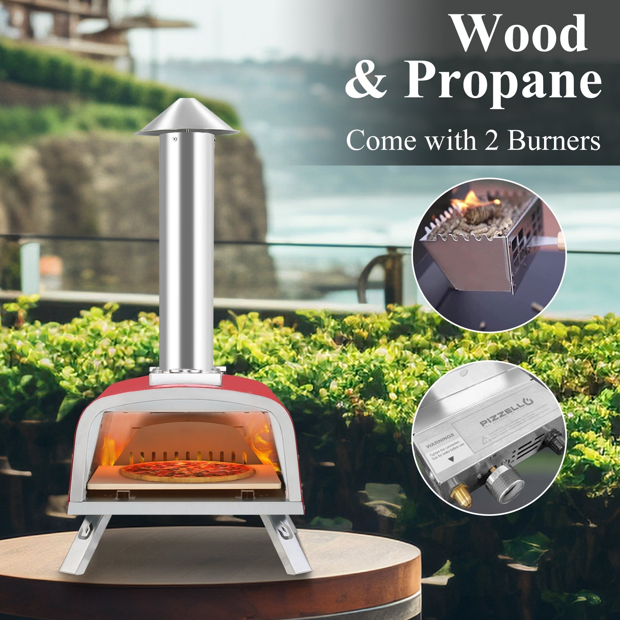 Multi-Fuel Outdoor Pizza Oven Stonebaked Pizza Maker with Gas Burner & Wood Box - 12 inch