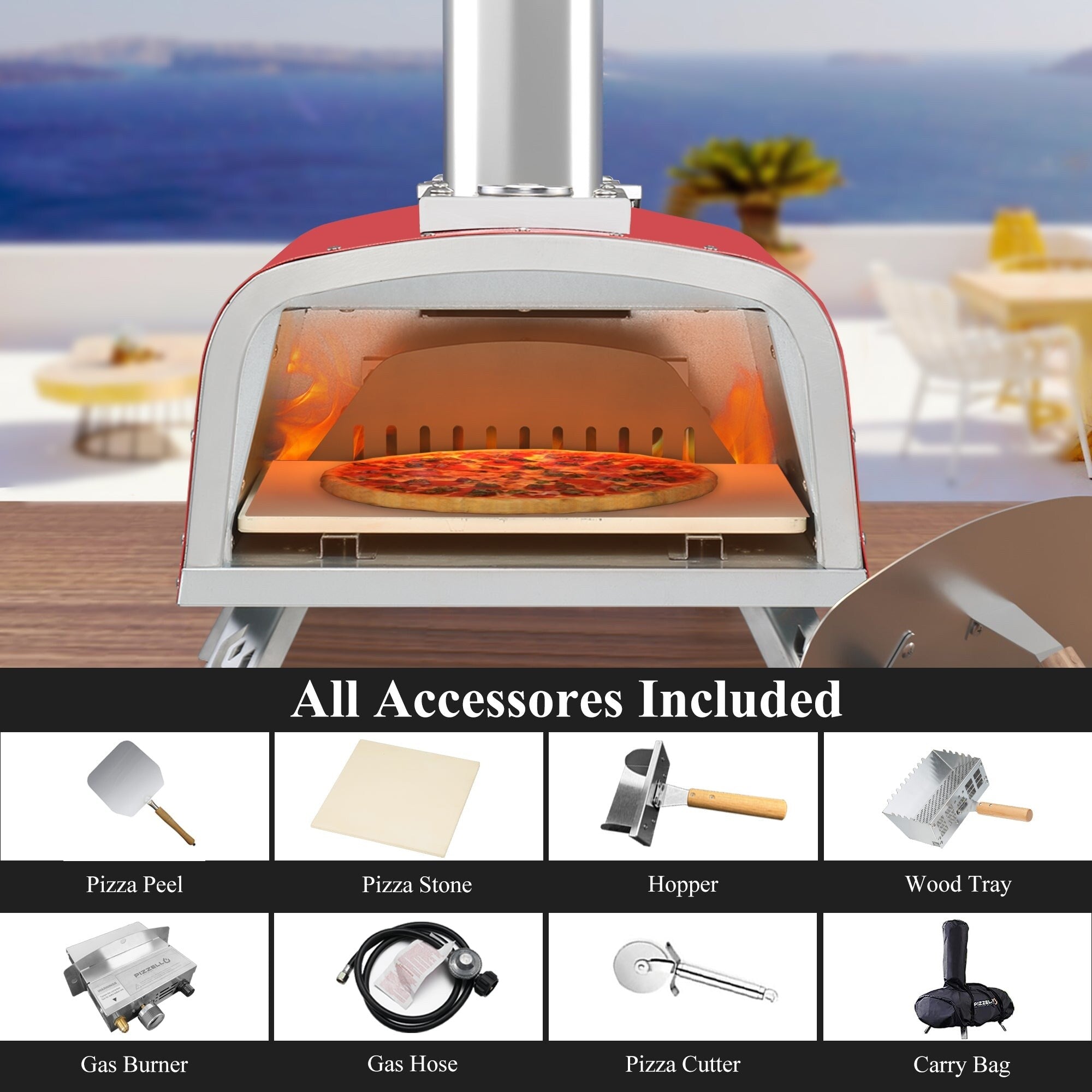Multi-Fuel Outdoor Pizza Oven Stonebaked Pizza Maker with Gas Burner & Wood Box - 12 inch