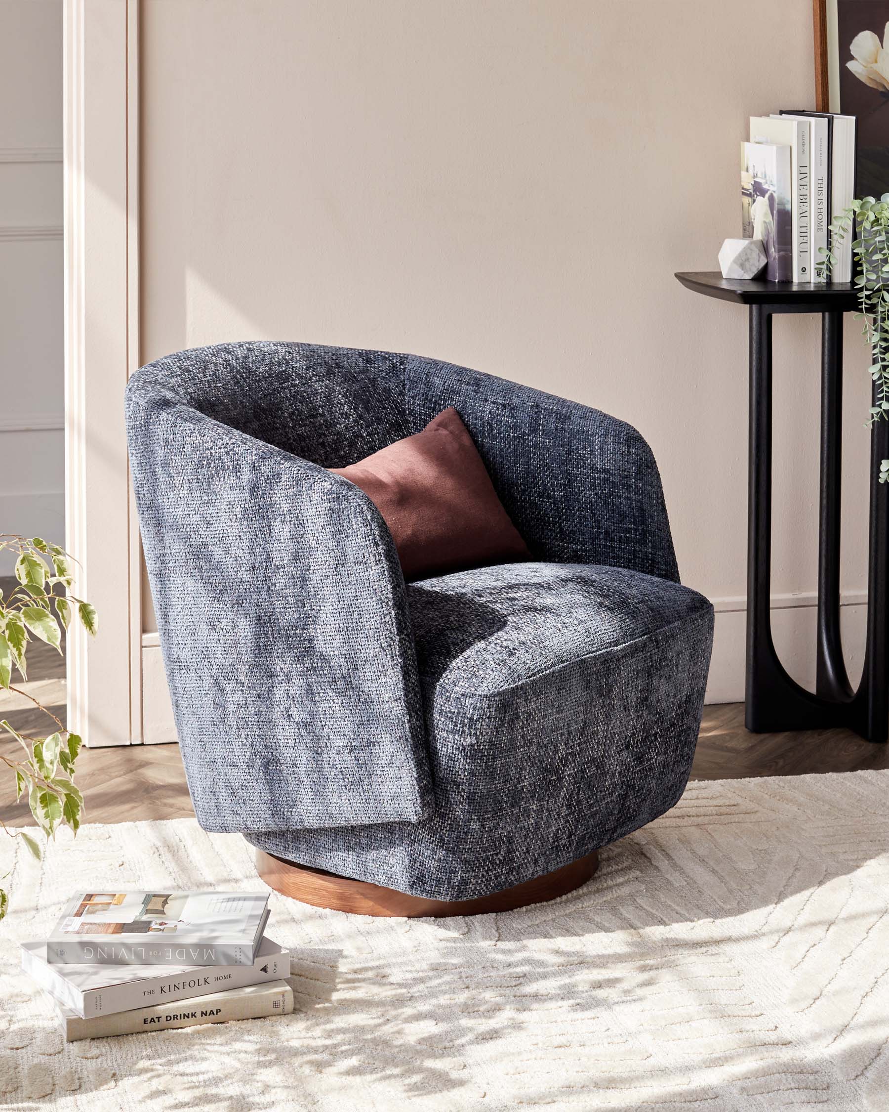 Natalia dark blue chunky weave swivel accent chair