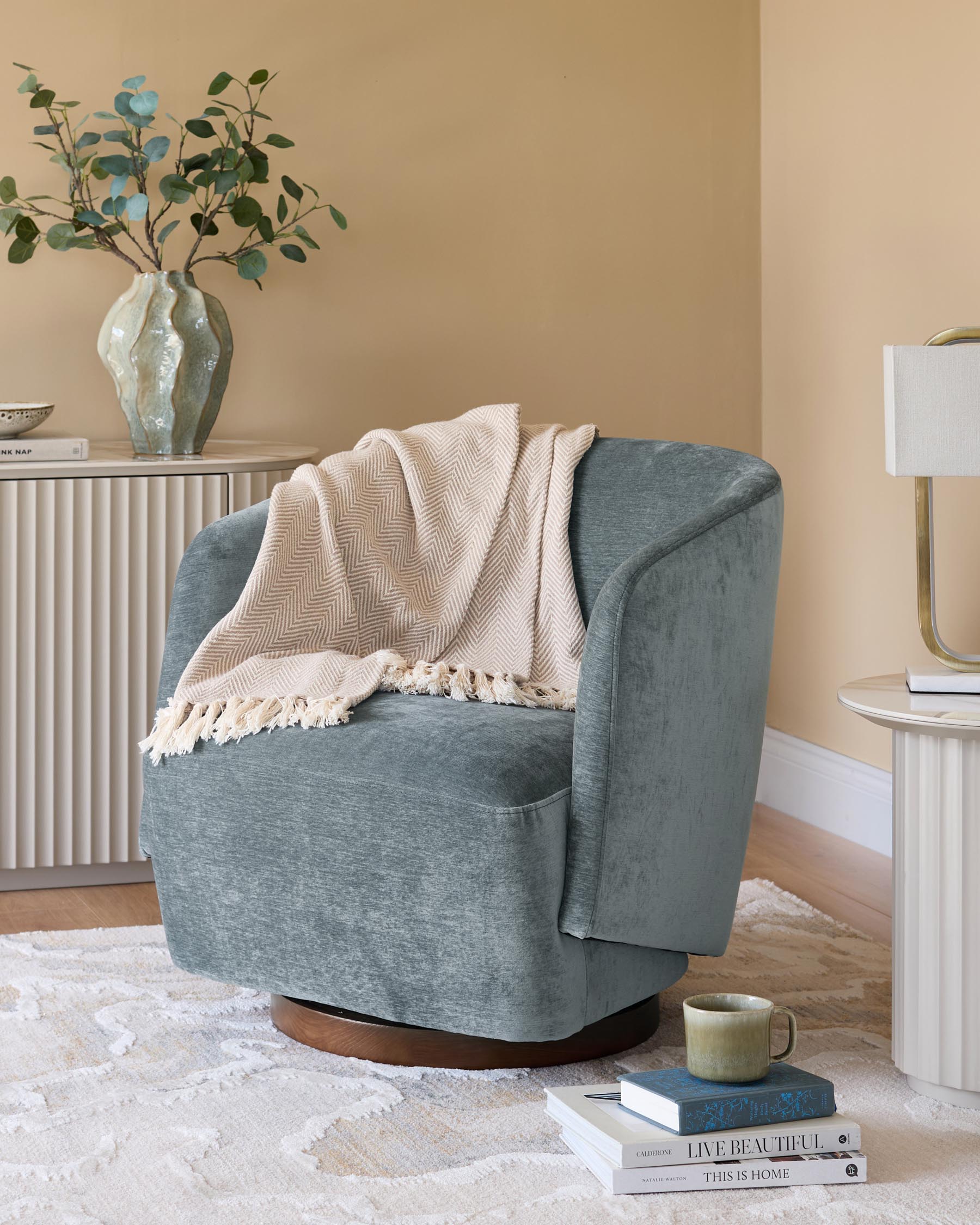 Natalia blue grey chenille swivel accent chair