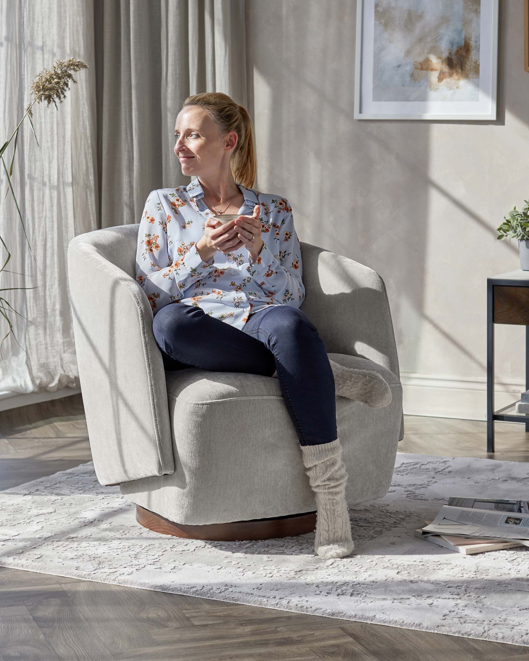 Natalia light grey chenille swivel accent chair