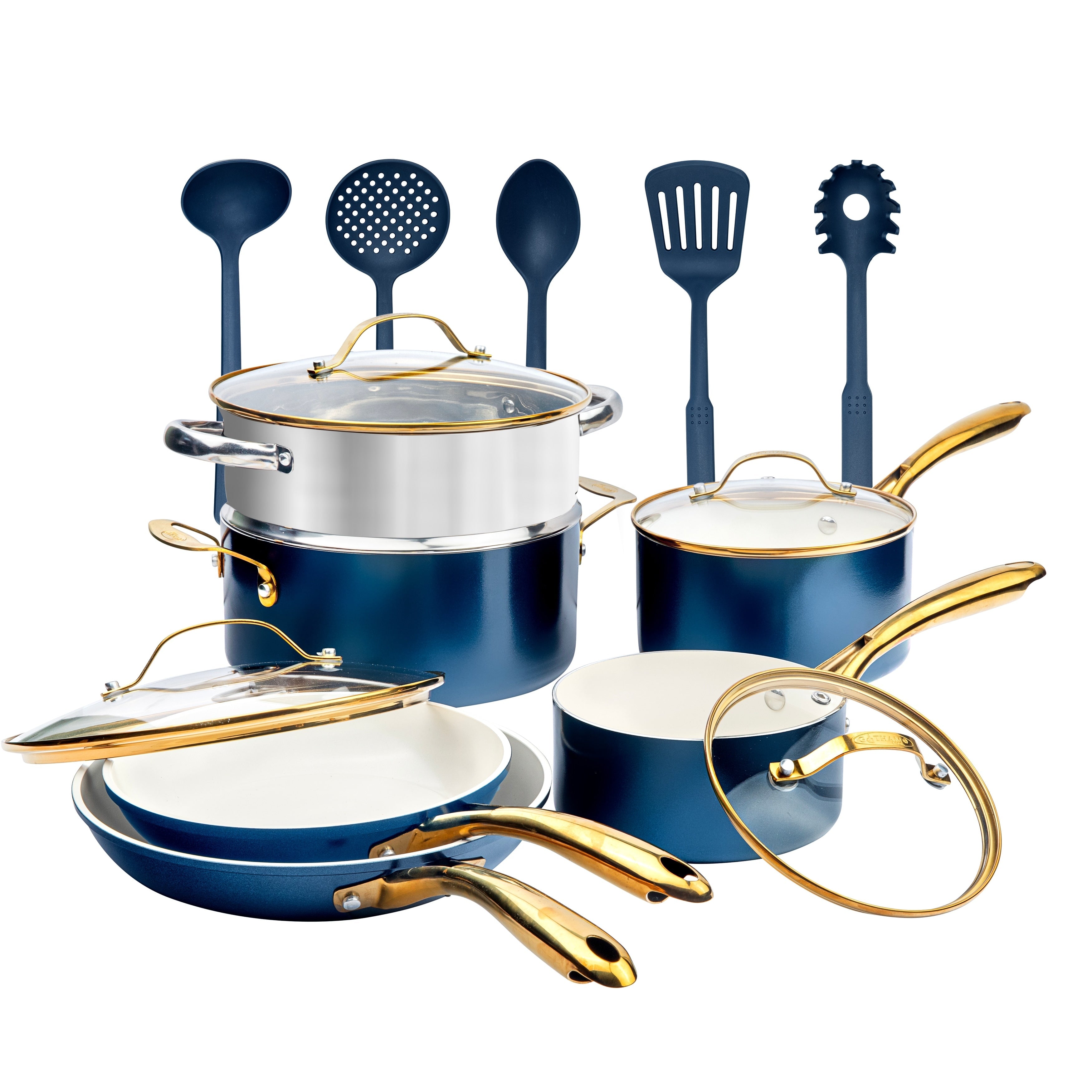 Gotham Steel Natural Collection Pots and Pans 15 Pc Ultra Performance Ceramic Nonstick Cookware Set in Navy