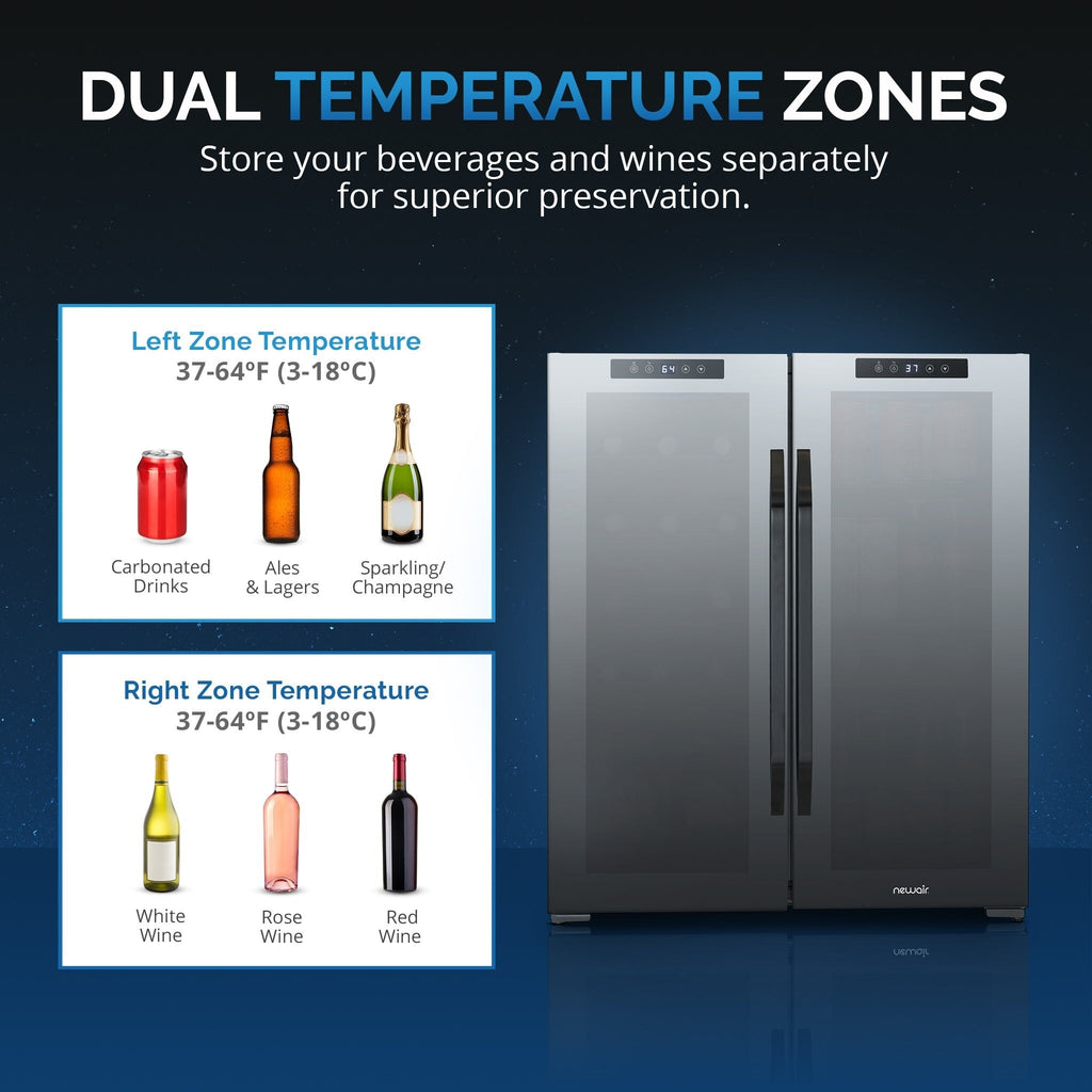 Newair Wine and Beverage Refrigerator, 18 Bottles & 59 Cans, Dual Temperature Zones, Freestanding, Digital Temperature Control