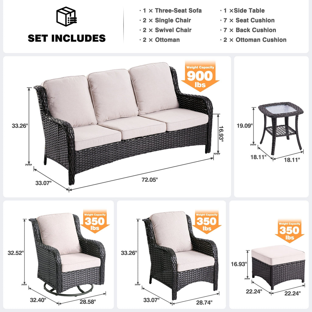 OVIOS 8-piece Patio Wicker Furniture Swivel Chair Set