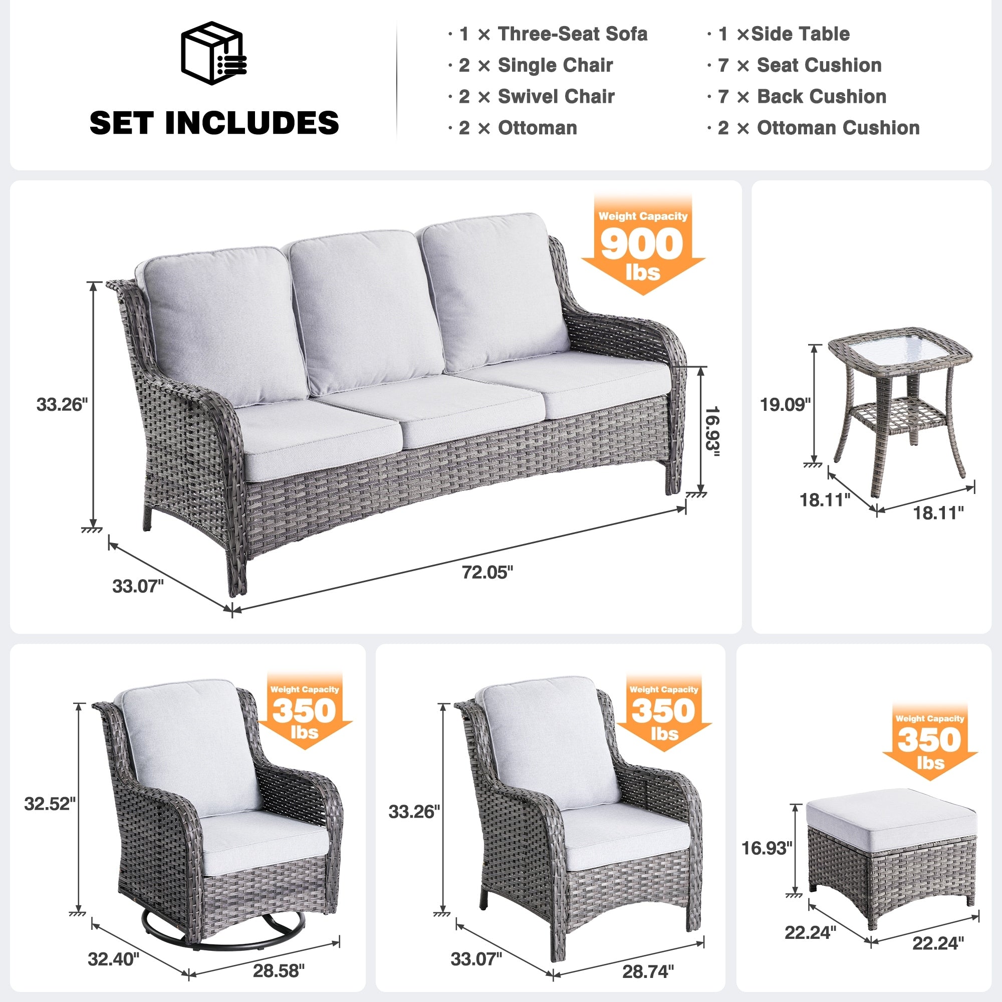 OVIOS 8-piece Patio Wicker Furniture Swivel Chair Set