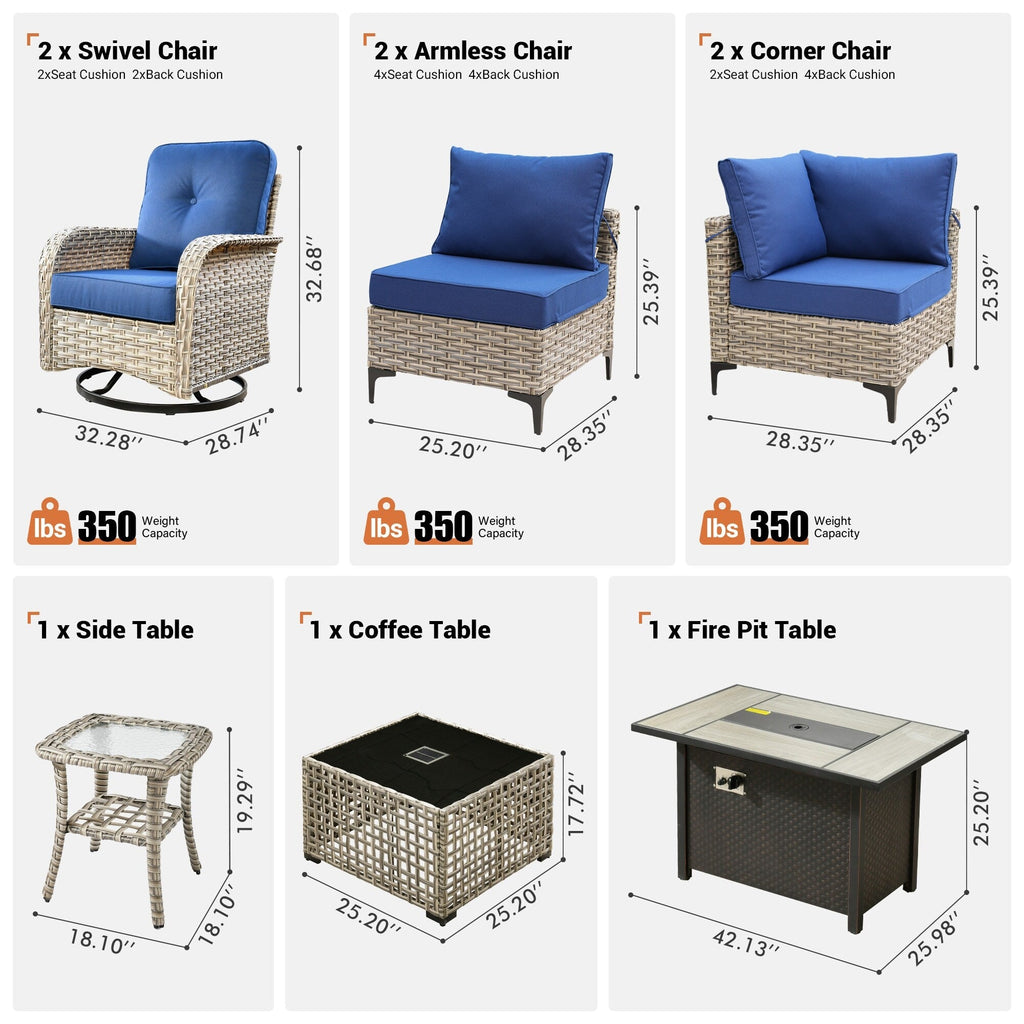 OVIOS 9 Pieces Outdoor Wicker Swivel Chair Set With Fire Table