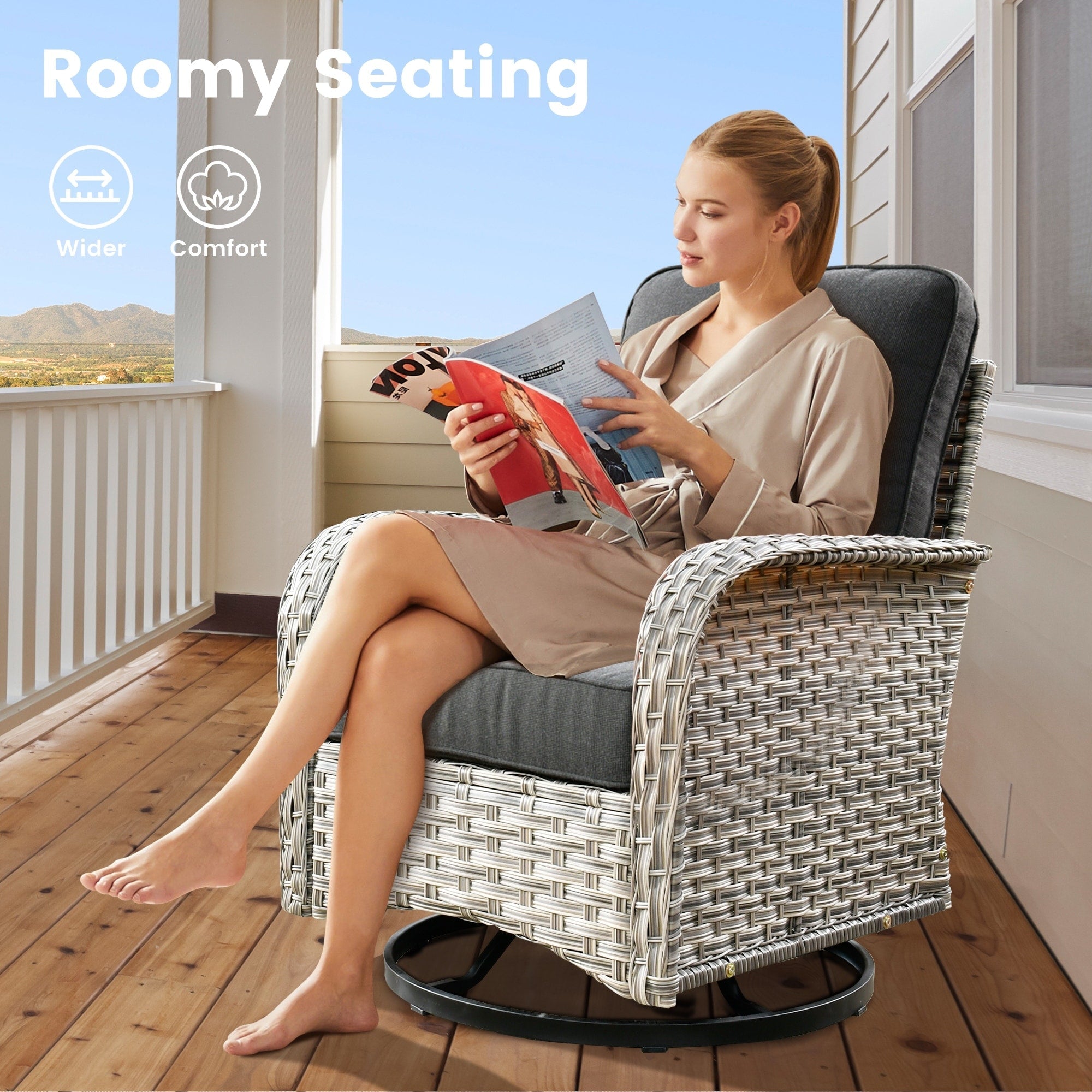 OVIOS 9 Pieces Outdoor Wicker Swivel Chair Set With Fire Table