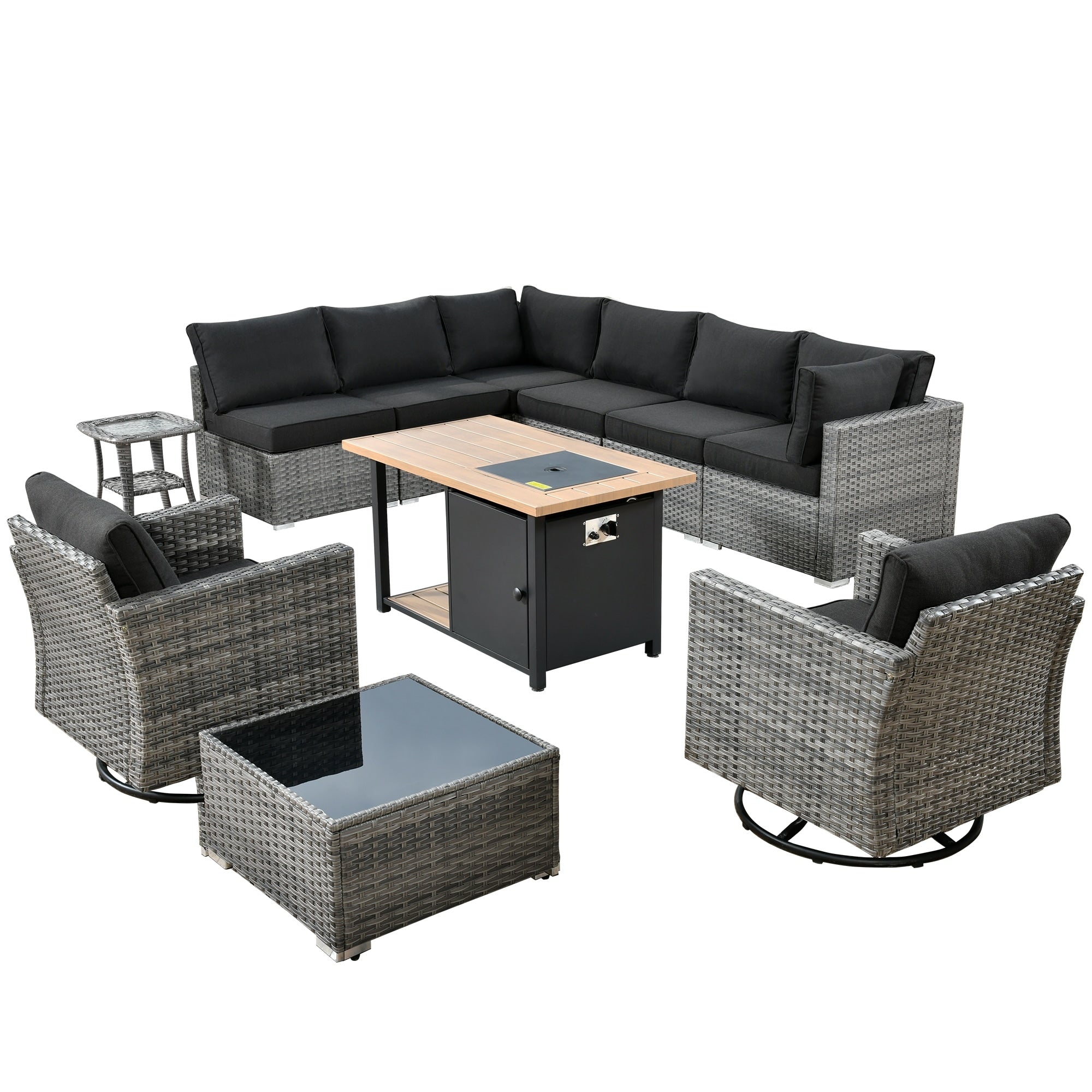 OVIOS Deep Seat Wicker 11-piece Sectional Set Swivel Chairs Fire Pit