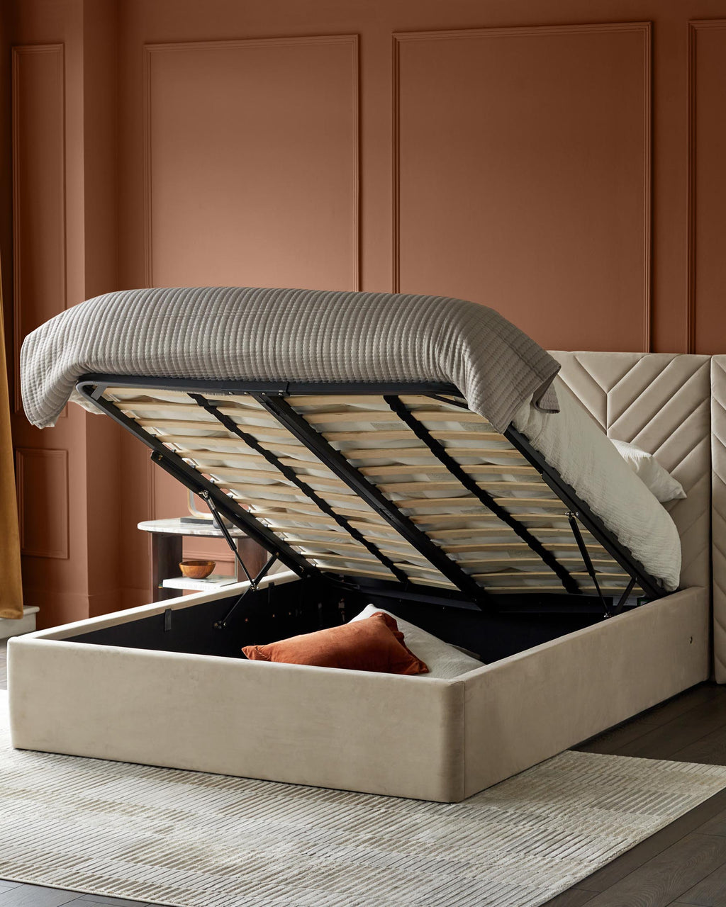 Octavia Luxe Champagne Velvet King Size Ottoman Storage Bed