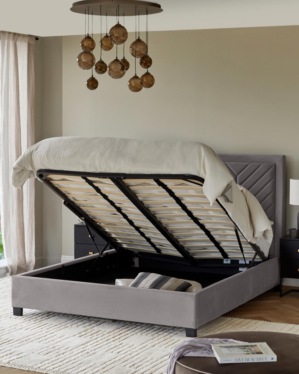 Octavia Grey Velvet Super King Size Ottoman Storage Bed