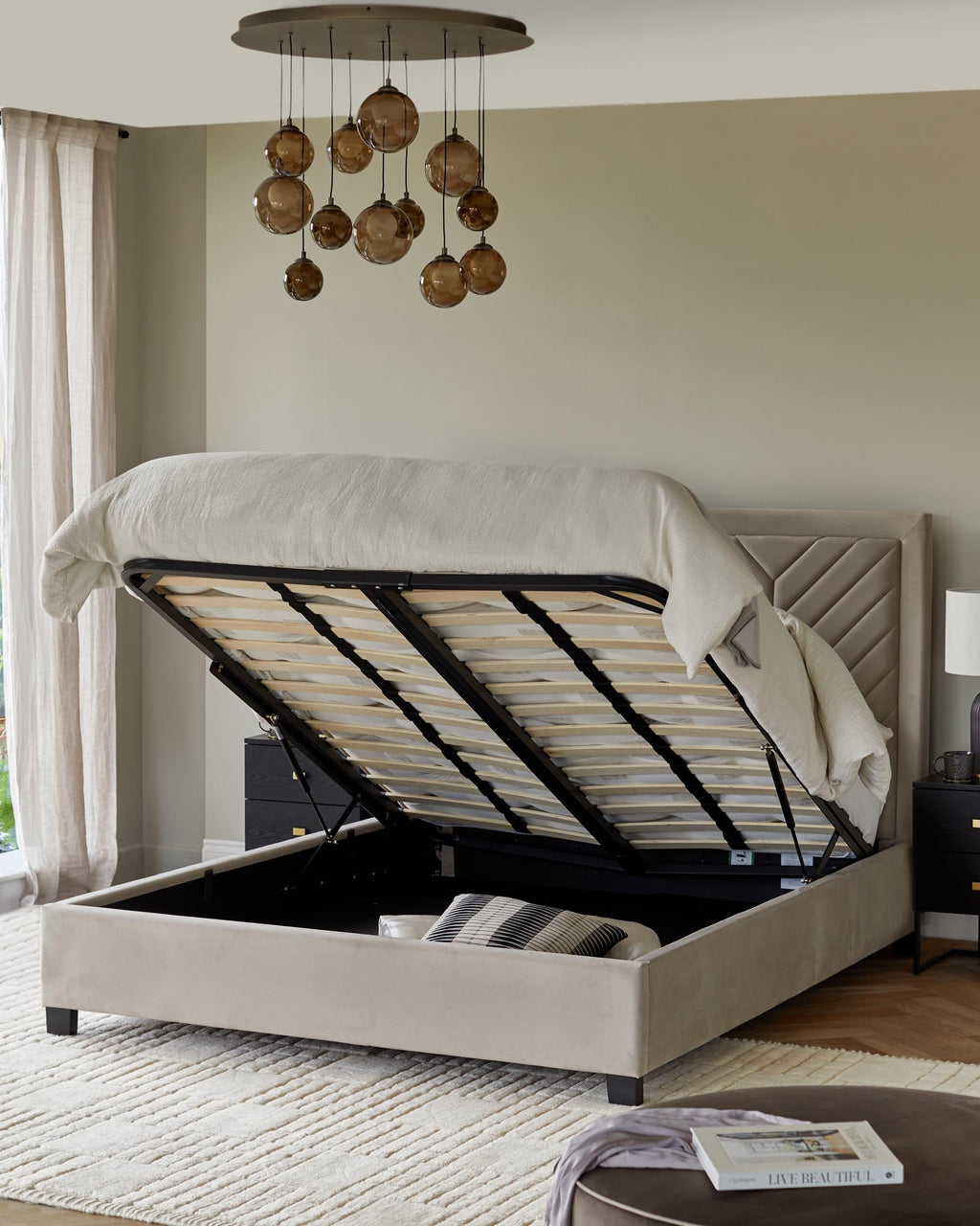 Octavia Champagne Velvet Super King Size Ottoman Storage Bed