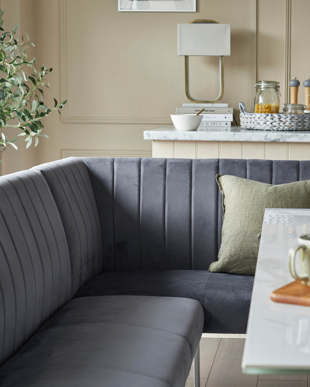 Ophelia Dark Grey Velvet 5 Seater Left Hand Corner Dining Bench