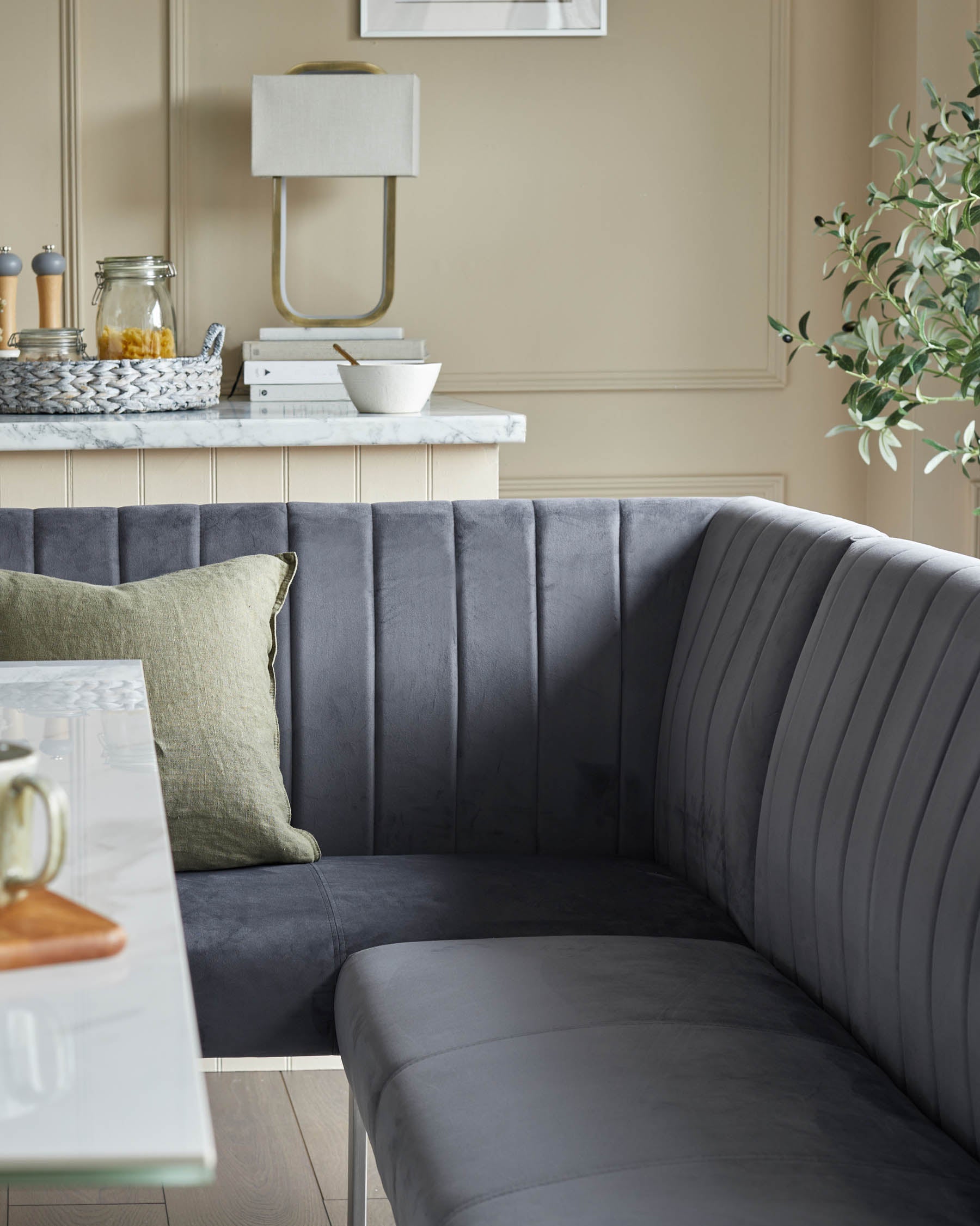 Ophelia Right Hand 5 Seater Dark Grey Velvet Corner Dining Bench