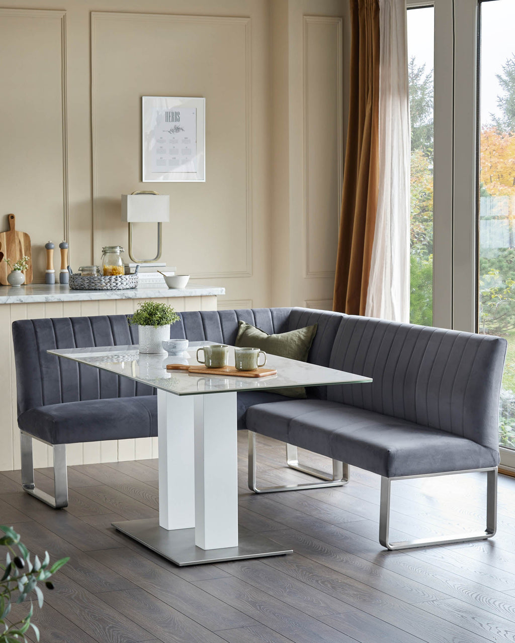 Ophelia Right Hand 5 Seater Dark Grey Velvet Corner Dining Bench