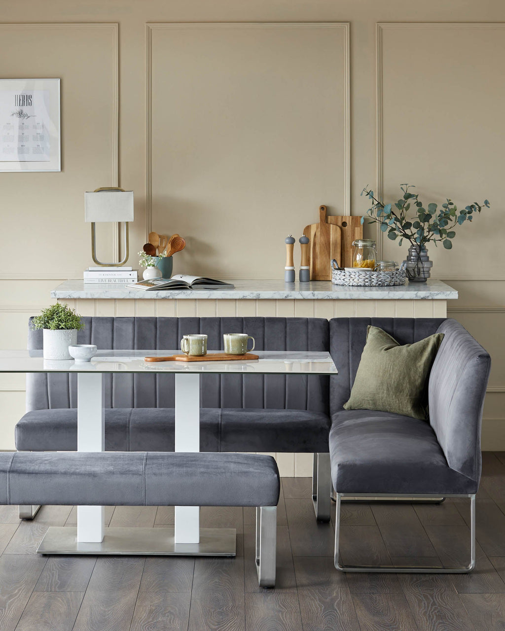 Ophelia Dark Grey Velvet 5 Seater Left Hand Corner Dining Bench