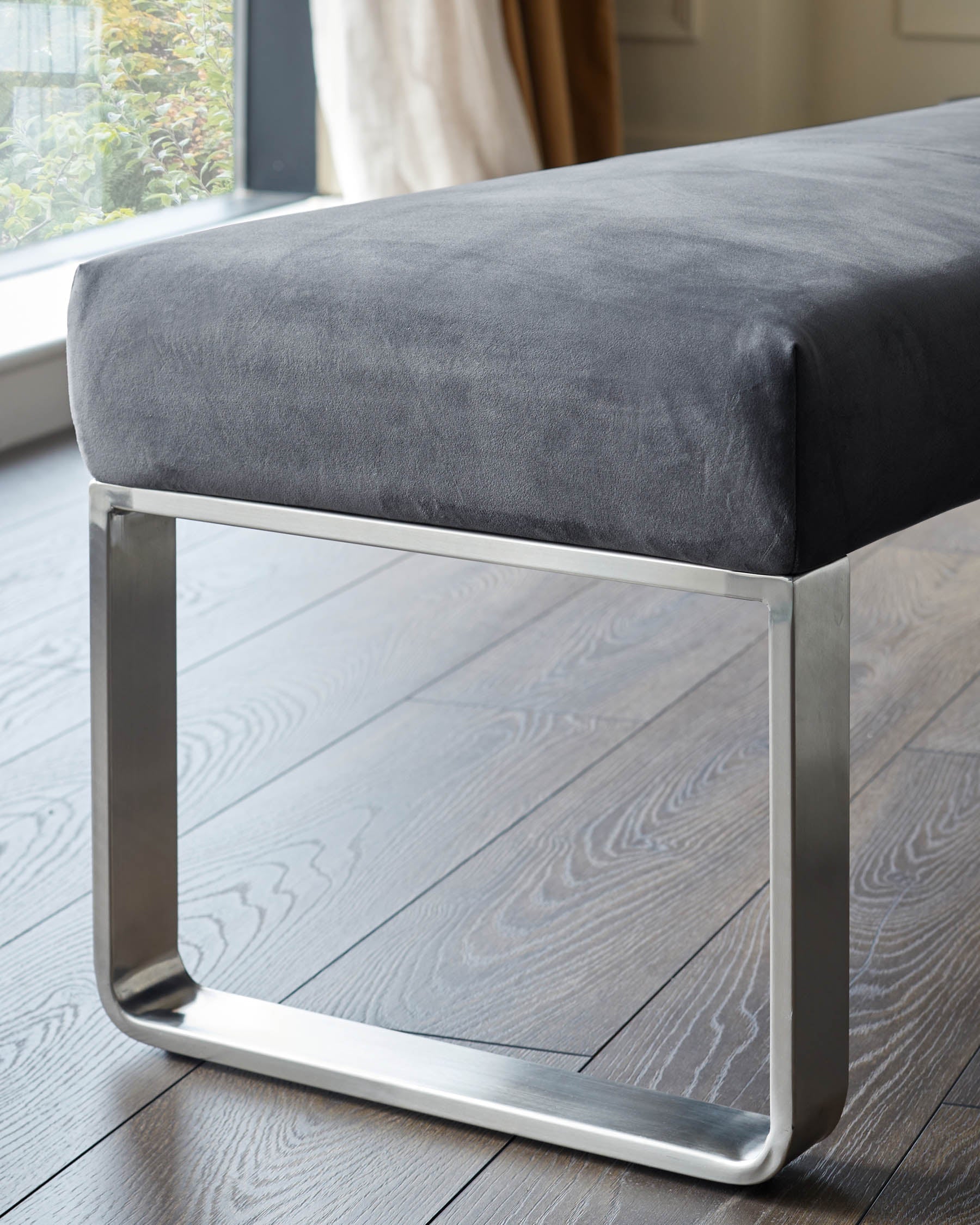Ophelia 3 Seater Dark Grey Velvet Stainless Steel Bench Without Backrest