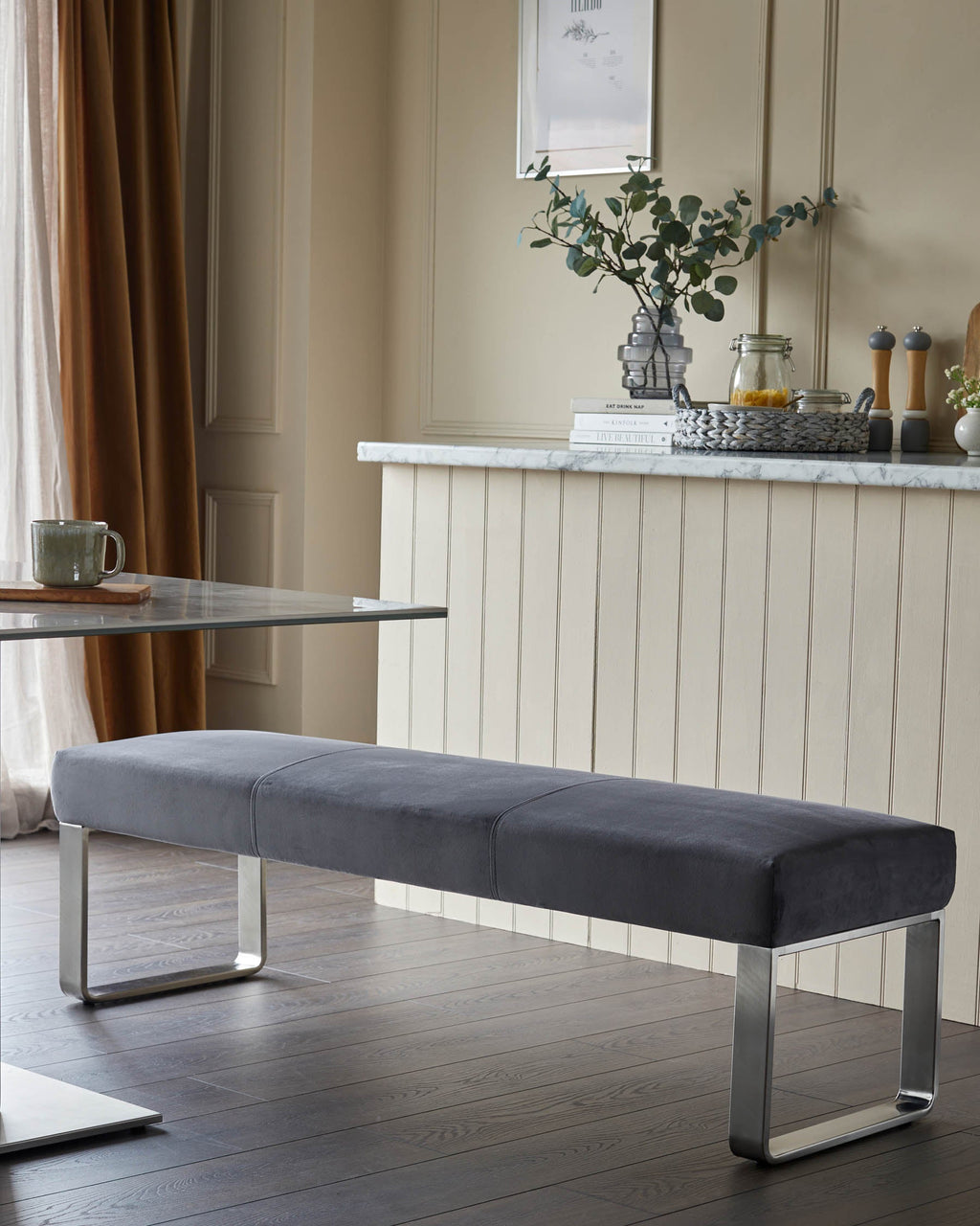 Ophelia 3 Seater Dark Grey Velvet Stainless Steel Bench Without Backrest