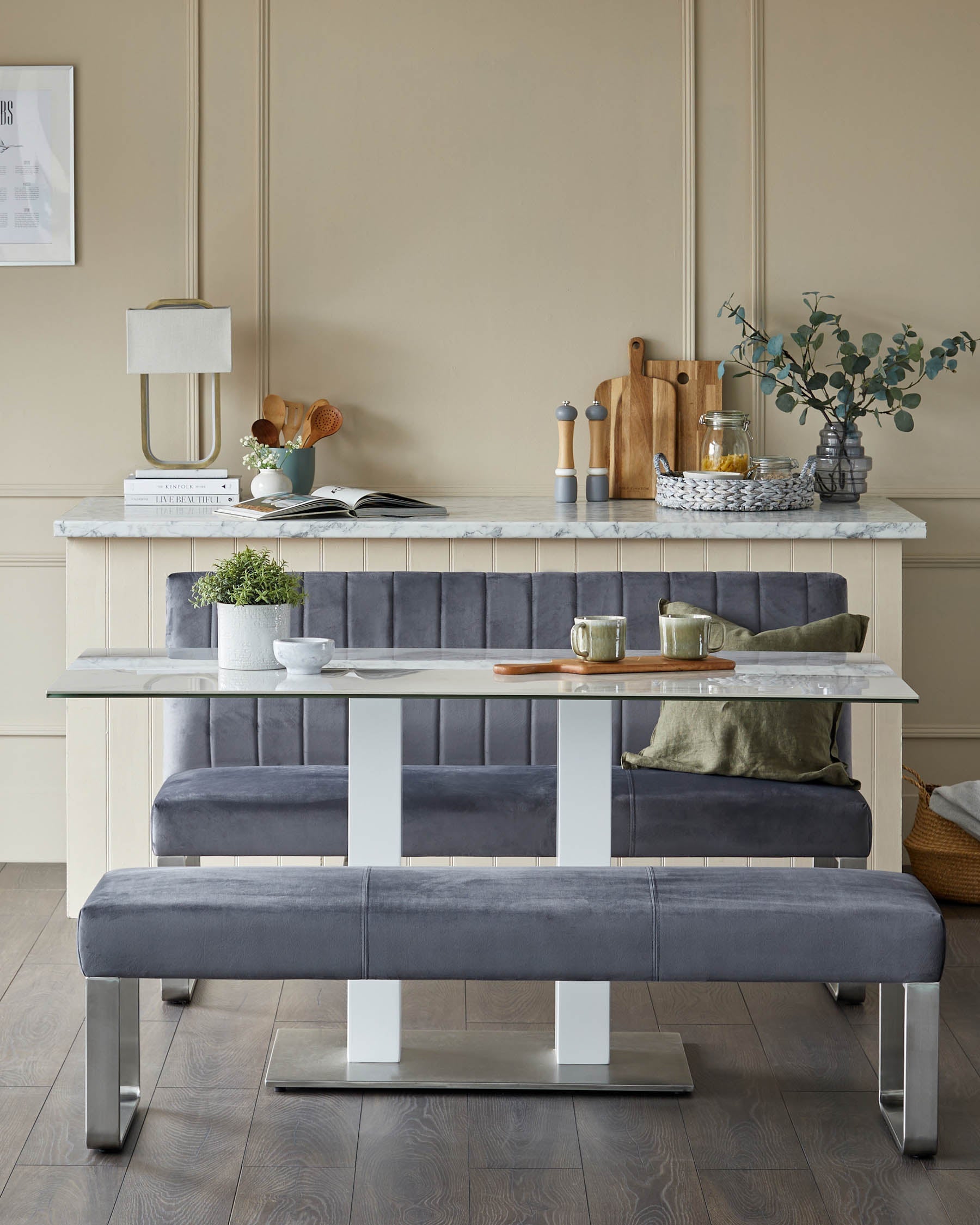 Ophelia 3 Seater Dark Grey Velvet Stainless Steel Bench Without Backrest