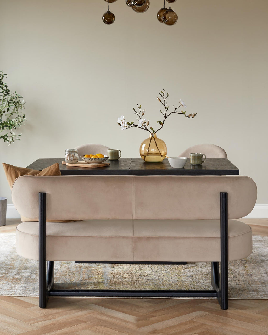 Orlan champagne velvet 3 seater dining bench with backrest